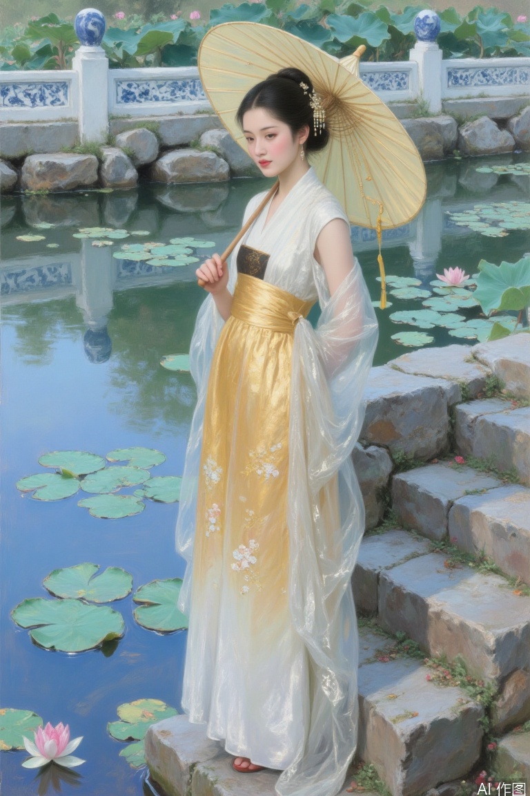 The full body image of classical oil paintings, Asian beauty stands on the rock steps of the lotus pond with an oil paper umbrella, and the golden horse's face skirt reflects the ripples of water. The blue and white porcelain pattern railings appear in the background blur, and the trajectory of rain wire is presented by transparent dyeing techniques.