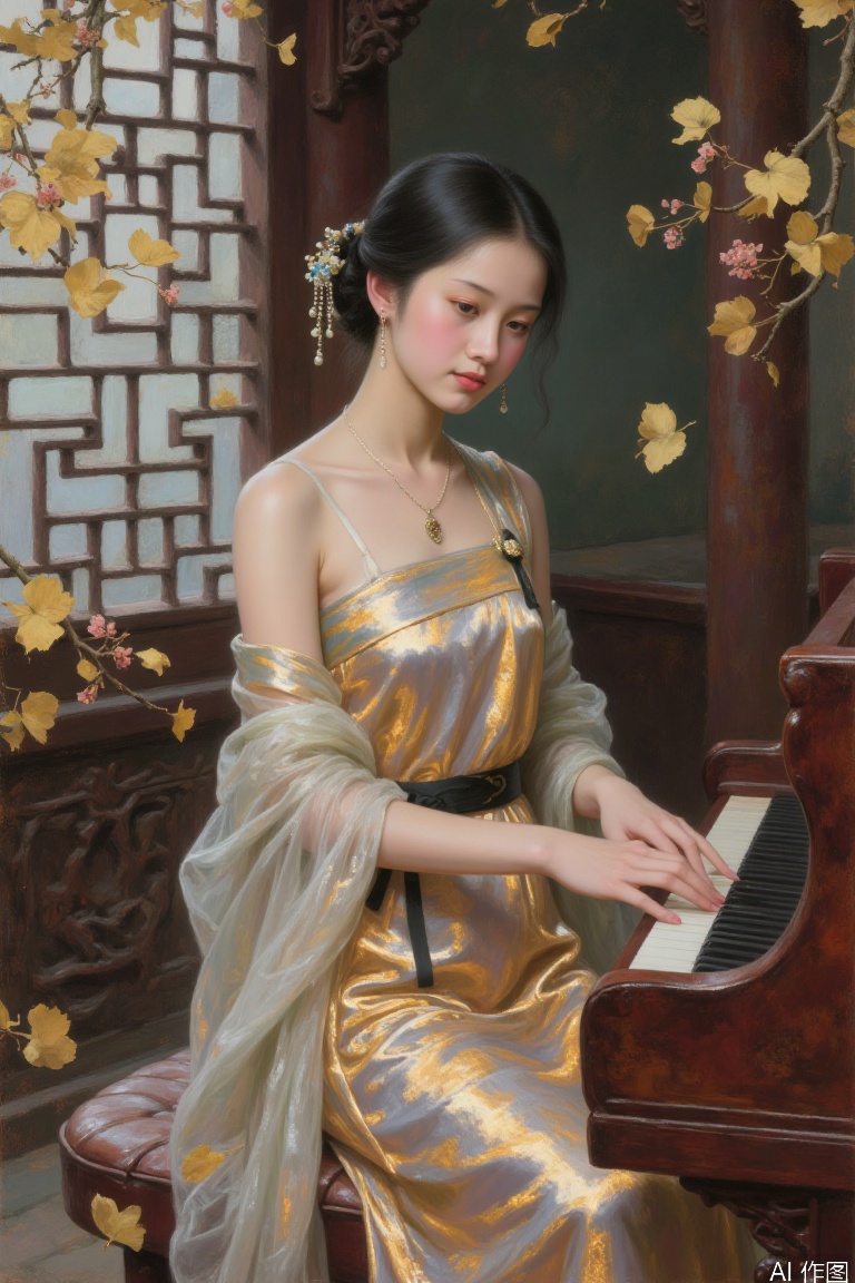 Ultra-realistic portrait oil painting, diputra girl playing the piano in the ancient Ginkgo temple, silk cross-collar skirt reflects gold leaves, Wudai Dangfeng technique shows the flow of clothes, backlight outlines the details of the carved window lattice of the ancient building