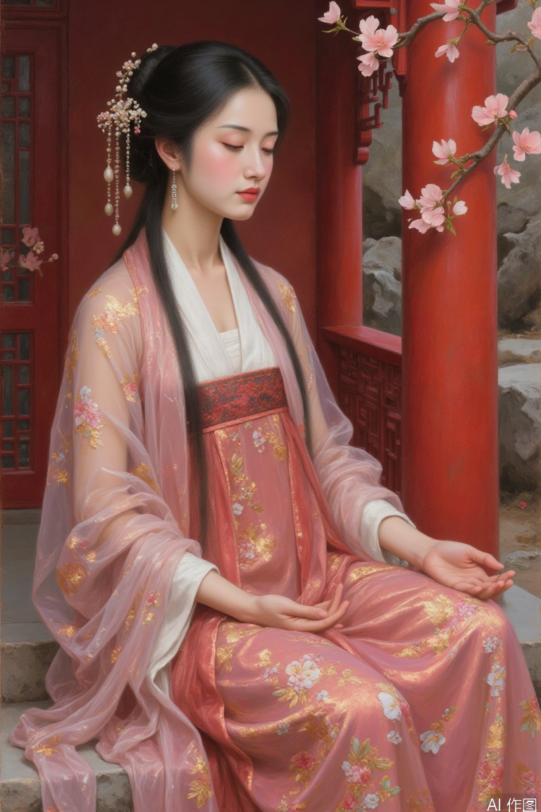 Realistic portrait oil painting, Asian women are meditating on Go in the vermilion pavilion, crimson gauze and silk raise petals with the air flow, Rembrandt light strengthens the three-dimensional sense of facial features, background fine brushwork techniques depict the texture of Taihu stone rubbing