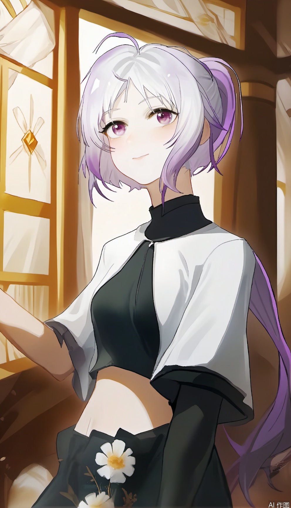 masterpiece,best quality,Ultra-high resolution, high quality, extremely detailed CG unity 8k wallpaper, extremely detailed, anime style,masterpiece,best quality,amazing quality,very aesthetic,absurdres,newest,scenery,masterpiece, best quality, amazing quality, very aesthetic, absurdres, newest, 
sj,1girl,female_solo, white background,simple background, short hair,16-year old girl,slender,white hair,forehead,side lock,SFW,upper_body, blush, short hair, shirt, closed mouth, purple eyes, collarbone, upper body, ponytail, short sleeves, sweat, indoors, looking to the side, looking away, sunlight, short ponytail, 