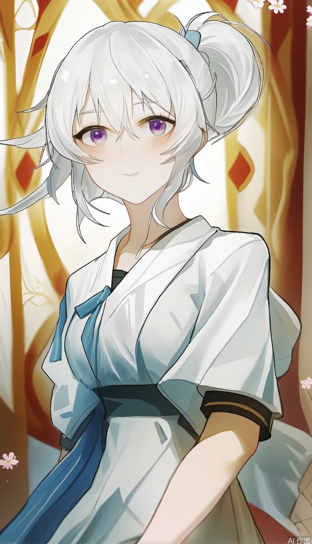 masterpiece,best quality,Ultra-high resolution, high quality, extremely detailed CG unity 8k wallpaper, extremely detailed, anime style,masterpiece,best quality,amazing quality,very aesthetic,absurdres,newest,scenery,masterpiece, best quality, amazing quality, very aesthetic, absurdres, newest, 
sj,1girl,female_solo, white background,simple background, short hair,14-year old girl,slender,white hair,forehead,side lock,SFW,upper_body, blush, short hair, shirt, closed mouth, purple eyes, collarbone, upper body, ponytail, short sleeves, sweat, indoors, looking to the side, looking away, sunlight, short ponytail, 
