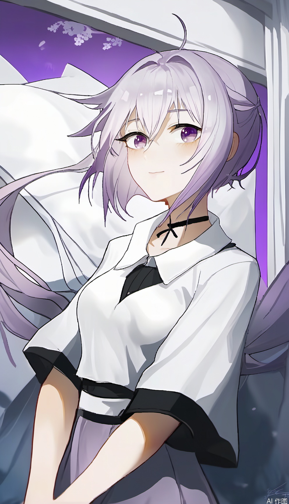 masterpiece,best quality,Ultra-high resolution, high quality, extremely detailed CG unity 8k wallpaper, extremely detailed, anime style,masterpiece,best quality,amazing quality,very aesthetic,absurdres,newest,scenery,masterpiece, best quality, amazing quality, very aesthetic, absurdres, newest, 
(sj),1girl,female_solo, white background,simple background, short hair,16-year old girl,slender,white hair,forehead,side lock,SFW,upper_body, blush, short hair, shirt, closed mouth, purple eyes, collarbone, upper body, ponytail, short sleeves, sweat, indoors, looking to the side, looking away, sunlight, short ponytail, 