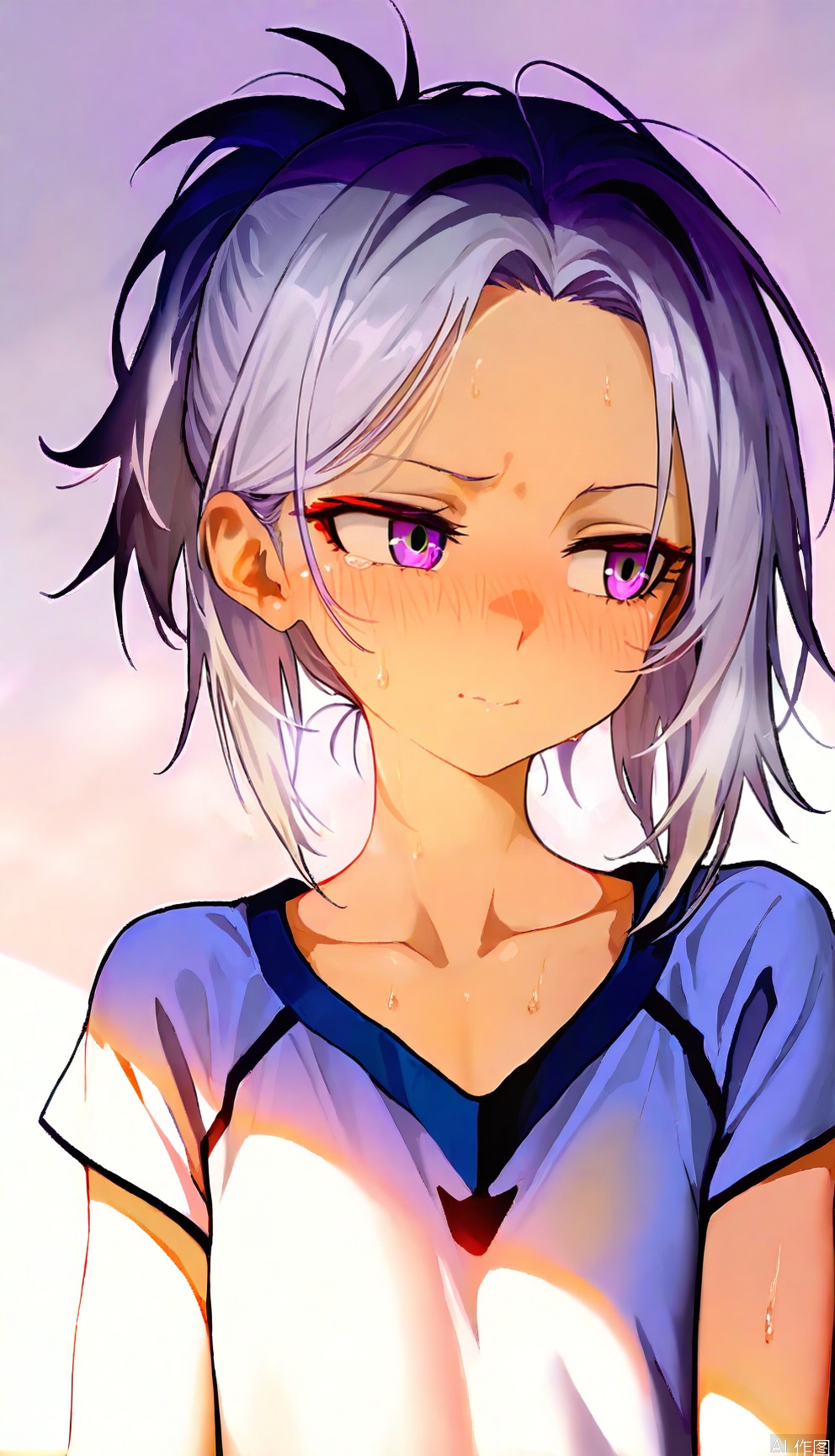 masterpiece,best quality,Ultra-high resolution, high quality, extremely detailed CG unity 8k wallpaper, extremely detailed, anime style,masterpiece,best quality,amazing quality,very aesthetic,absurdres,newest,scenery,masterpiece, best quality, amazing quality, very aesthetic, absurdres, newest, 
(sj),1girl,female_solo, white background,simple background, short hair,16-year old girl,slender,white hair,forehead,side lock,SFW,upper_body, blush, short hair, shirt, closed mouth, purple eyes, collarbone, upper body, ponytail, white hair, short sleeves, sweat, indoors, looking to the side, looking away, sunlight, short ponytail, 