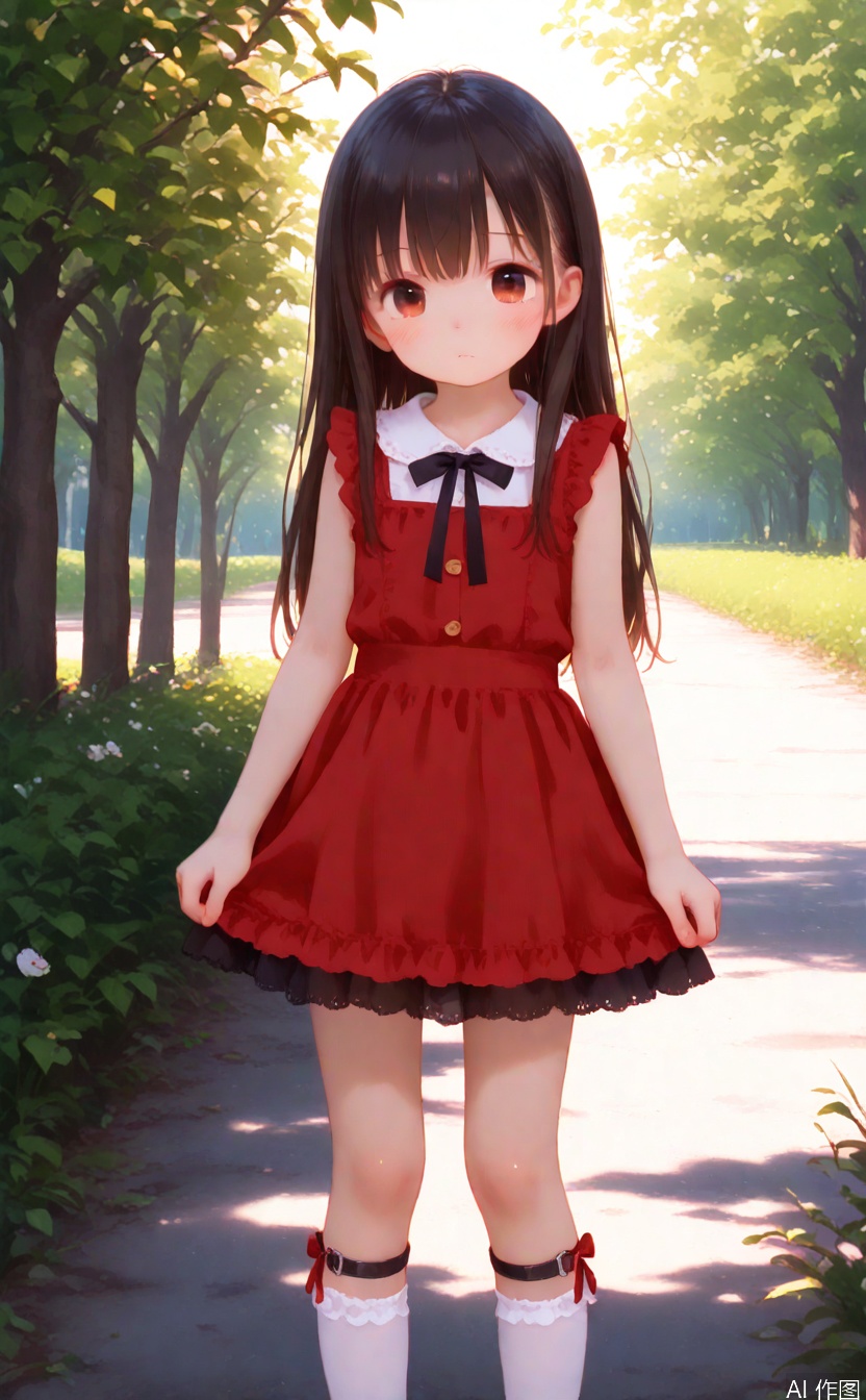 age_down,masterpiece,best quality,high quality,loli,chromatic_aberration,1girl,solo,long hair,loli,loli,loli,(little_girl:1.2),petite:1.1,outdoors,skirt,legwear garter,cxqbwh,