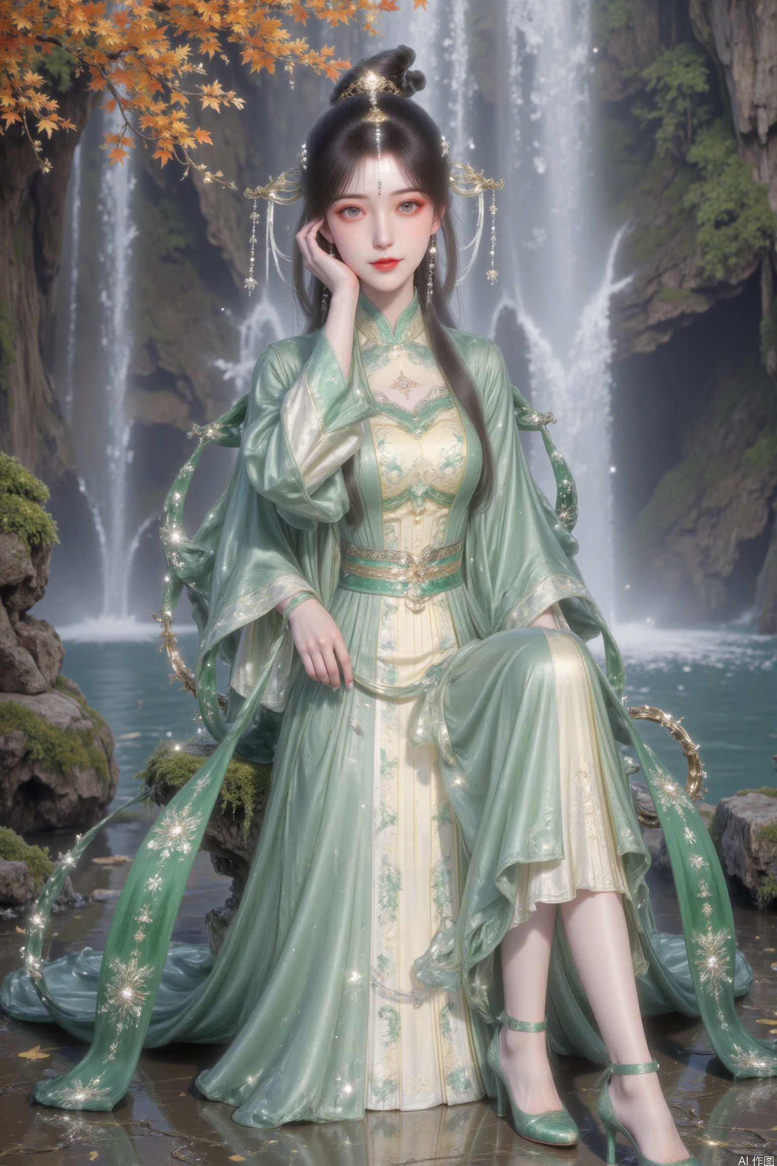 Depth of field, ultra-clear, ultra-high resolution, 8k, well-structured, masterpiece, surrealism, clear details and textures, conceptual artwork, atmosphere, clear background, film lighting technology.
A girl, solo. Sitting on the stone in front of the waterfall. Bright color, gradient posture, black hair, bangs, hair accessories. Earrings, green clothes. The clothes are embroidered with silver patterns. Long sleeves, green belt. Pale face, snow-white skin and black eyes. Green high heels. Perfect body proportion, slim. Tall man. Touch your face with your left hand and put your right hand on your leg. A faint smile.
Waterfalls, rocks, maples and weeds are in the background. Fallen leaves float on the water. Moss. , new york HD, 1 girl, solo, black hair, hair accessories, long sleeves, costume, jewelry, closed mouth, standing, whole body, ears, bun, yellow dress,  belt, facial logo, Hanfu, cyan dress, forehead logo, Hanfu, long hair, black hair, hair accessories, jewelry, closed mouth, braid, earrings, cosmetics, forehead.