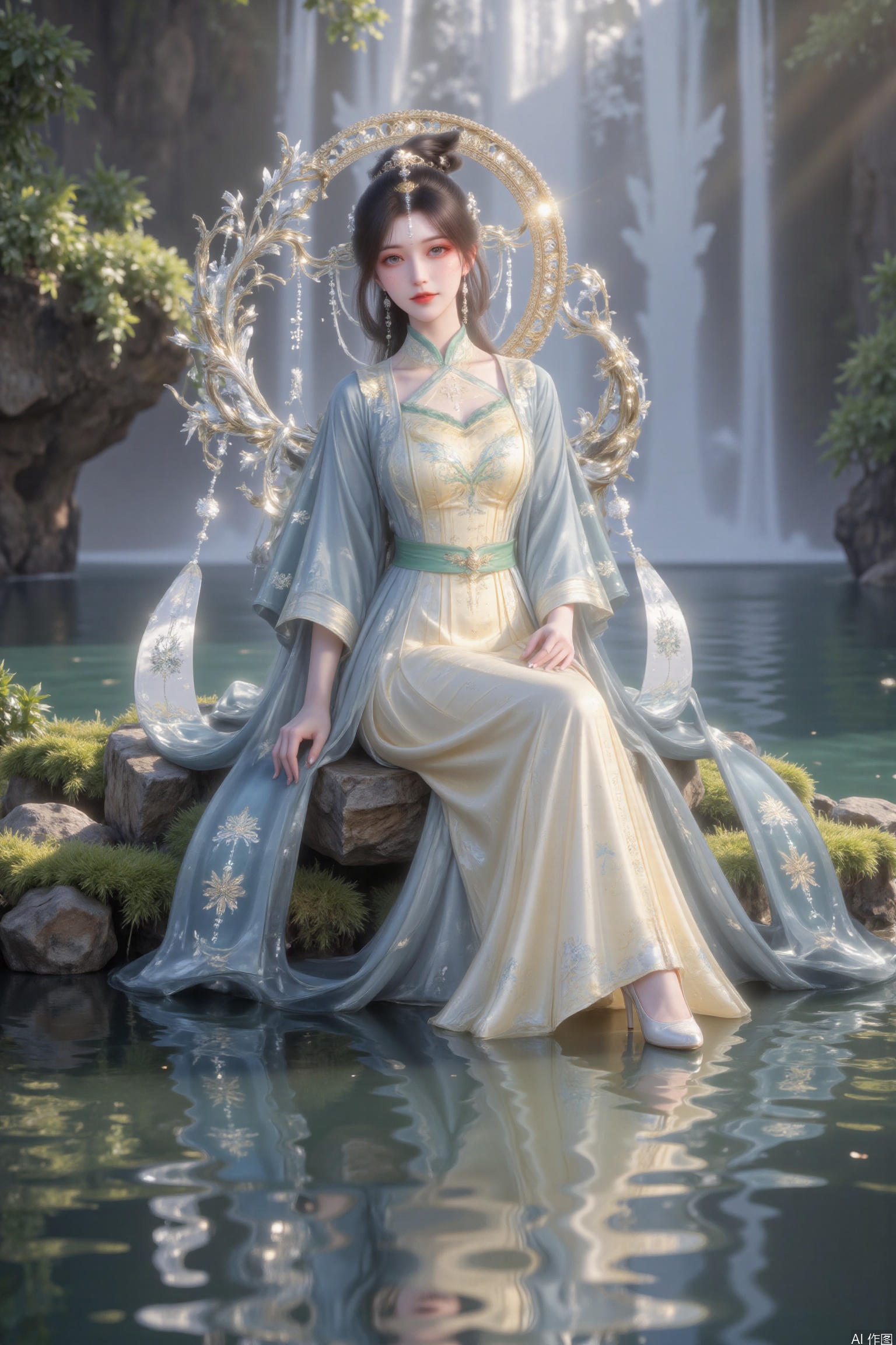 Depth of field, ultra-clear, ultra-high resolution, 8k, well-structured, masterpiece, surrealism, clear details and textures, conceptual artwork, atmosphere, clear background, film lighting technology.
A girl, solo. Sitting on the stone in front of the waterfall. Bright color, gradient posture, The moon is decorated on the back, and the fairy floats.black hair, bangs, hair accessories. Earrings, blue and yellow clothes. The clothes are embroidered with silver patterns. Long sleeves, green belt. Pale face, snow-white skin and black eyes. White high heels. Perfect body proportion, slim. Tall man. Touch your face with your left hand and put your right hand on your leg. A faint smile.
Waterfalls, rocks, maples and weeds are in the background. Fallen leaves float on the water. Moss. , new york HD, 1 girl, solo, black hair, hair accessories, long sleeves, clothing, jewelry, closed mouth, standing, whole body, ears, bun, yellow dress, belt, facial logo, Hanfu, blue dress, forehead logo, Hanfu, long hair, black hair, hair accessories, jewelry, closed mouth, braid, earrings, cosmetics.