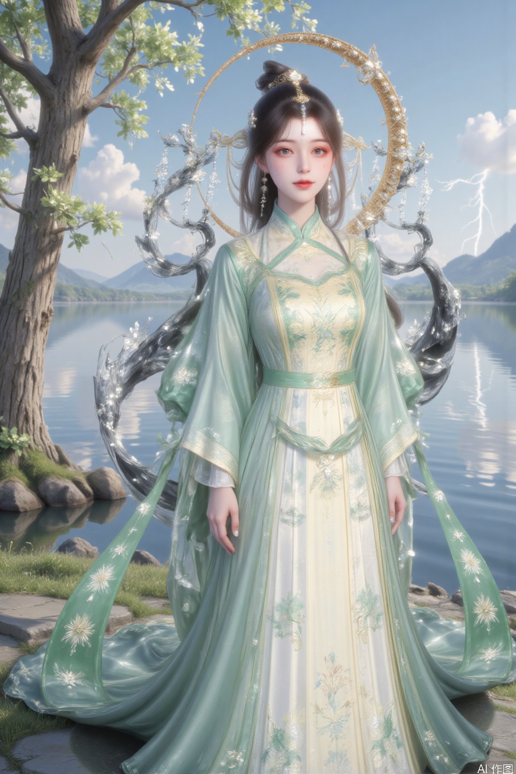 In the beautiful background, a graceful beauty is sitting by the lake, and the breeze is blowing gently. Her long hair is as soft as willow branches and flutters gently with the wind. She is wearing a light long skirt, swaying lightly like a willow leaf, outlining her slender long legs with elegant and charming lines.

The background is a lake full of spring, weeping willows swaying, willow branches hanging down, willow leaves swaying gently with the wind, as if dancing for her. The lake is sparkling, reflecting the clouds in the sky and the beautiful images of willows. The whole scene is full of poetry and romance.

Suddenly, a flash of lightning flashed across the distant sky and instantly lit up the whole picture. The lightning is in sharp contrast with the soft background, as if adding a hint of mystery and strength to the beautiful scenery. Her eyes stared at the distance, her expression was calm, as if she were in harmony with the world, soft and powerful.

The whole picture combines soft willow leaves, willow branches and shocking lightning, showing the harmonious coexistence between nature and people, with both a beautiful artistic conception and a touch of dramatic tension. 1 girl, solo, black hair, hair accessories, long sleeves, costume, jewelry, closed mouth, standing, whole body, earrings, bun, yellow dress, belt, facial logo, Hanfu, cyan dress, forehead logo, Hanfu, long hair, black hair, hair accessories, jewelry, closed mouth, braid, earrings, cosmetics, forehead.