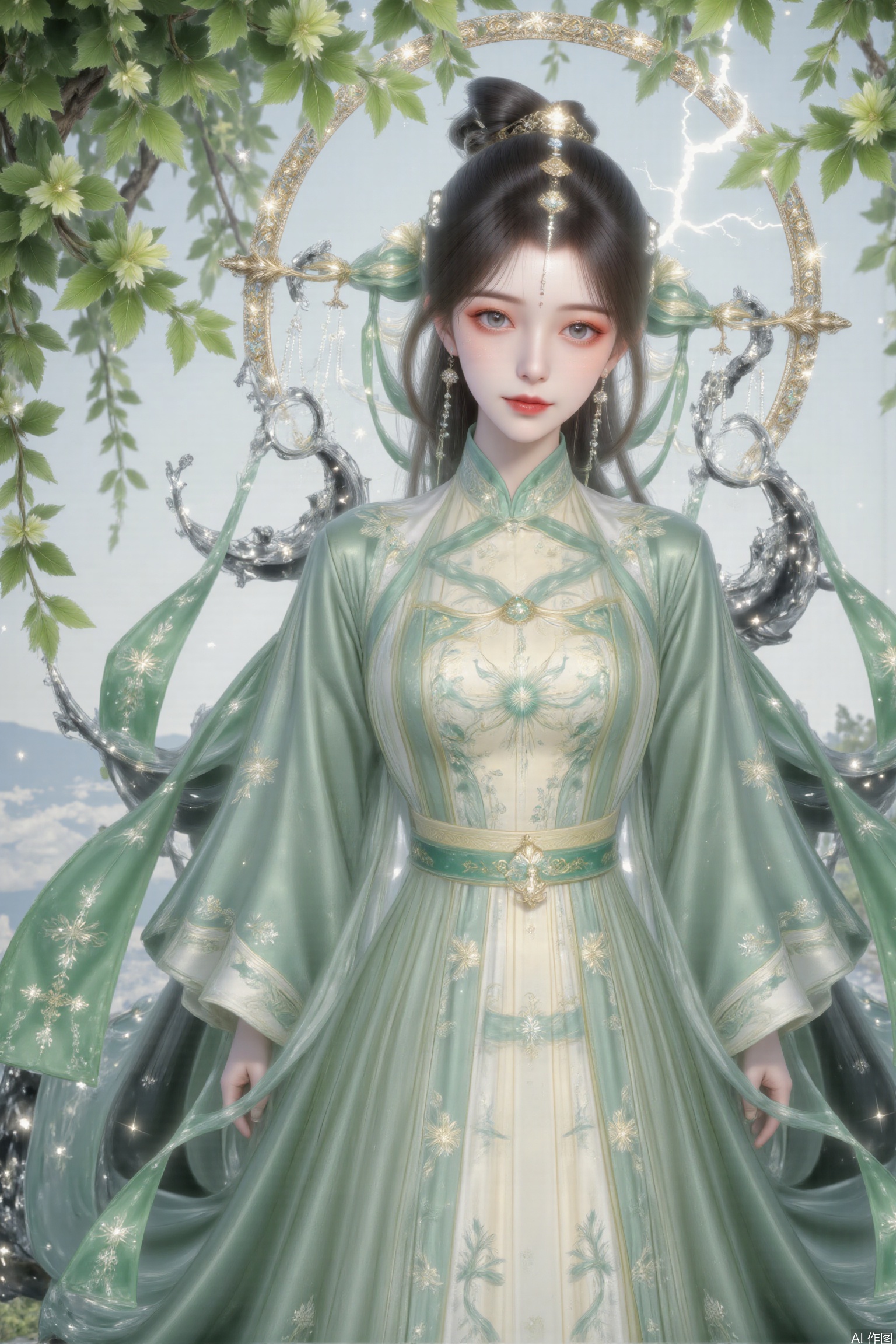 Depth of field, ultra-clear, ultra-high resolution, 8k, well-structured, masterpiece, surrealism, clear details and textures, conceptual artwork, atmosphere, clear background, film lighting technology.
Solo. Bright color, gradient posture, black hair, bangs, hair accessories. Earrings, green clothes. The clothes are embroidered with silver patterns. Long sleeves, green belt. Pale face, snow-white skin and green eyes. Green high heels. Perfect body proportion, slim. Tall man. A faint smile.
Moss. In the high-definition and beautiful background of new york, a graceful beauty is sitting by the lake, and the breeze is blowing gently. Her long hair is as soft as willow branches and flutters gently in the wind. She is wearing a light long skirt, swaying like willow leaves, and outlining her long legs with elegant and charming lines.

The background is a lake full of spring, weeping willows swaying, willow branches hanging down, willow leaves swaying gently with the wind, as if dancing for her. The lake is sparkling, reflecting the clouds in the sky and the beautiful images of willows. The whole scene is full of poetry and romance.

Suddenly, a flash of lightning flashed across the distant sky and instantly lit up the whole picture. Lightning contrasts sharply with the soft background, as if adding a little mystery and strength to the beautiful scenery. Her eyes stared at the distance, her expression was calm, as if she were integrated with the world, soft and powerful.

The whole picture combines soft willow leaves, willow branches and shocking lightning, showing the harmonious coexistence between nature and people, with both beautiful artistic conception and subtle dramatic tension. 1 girl, solo, black hair, hair accessories, long sleeves, clothing, accessories, closed mouth, whole body, earrings, bun, yellow skirt, belt, facial logo, Hanfu, cyan dress, forehead logo, Hanfu, long hair, black hair, hair accessories, accessories, closed mouth, braids, earrings, cosmetics, forehead. Yueliang back decoration
