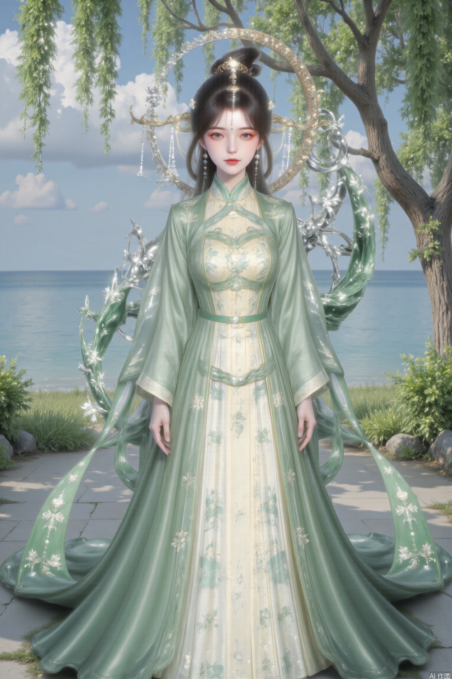 Depth of field, ultra-clear, ultra-high resolution, 8k, well-structured, masterpiece, surrealism, clear details and textures, conceptual artwork, atmosphere, clear background, film lighting technology.
Solo. Bright color, gradient posture, black hair, bangs, hair accessories. Earrings, green clothes. The clothes are embroidered with silver patterns. Long sleeves, green belt. Pale face, snow-white skin and green eyes. Green high heels. Perfect body proportion, slim. Tall man. A faint smile.
Moss. In the high-definition and beautiful background of new york, a graceful beauty is sitting by the lake, and the breeze is blowing gently. Her long hair is as soft as willow branches and flutters gently in the wind. She is wearing a light long skirt, swaying like willow leaves, and outlining her long legs with elegant and charming lines.

The background is a lake full of spring, weeping willows swaying, willow branches hanging down, willow leaves swaying gently with the wind, as if dancing for her. The lake is sparkling, reflecting the clouds in the sky and the beautiful images of willows. The whole scene is full of poetry and romance.

Suddenly, a flash of lightning flashed across the distant sky and instantly lit up the whole picture. Lightning contrasts sharply with the soft background, as if adding a little mystery and strength to the beautiful scenery. Her eyes stared at the distance, her expression was calm, as if she were integrated with the world, soft and powerful.

The whole picture combines soft willow leaves, willow branches and shocking lightning, showing the harmonious coexistence between nature and people, with both beautiful artistic conception and subtle dramatic tension. 1 girl, solo, black hair, hair accessories, long sleeves, clothing, accessories, closed mouth, whole body, earrings, bun, yellow skirt, belt, facial logo, Hanfu, cyan dress, forehead logo, Hanfu, long hair, black hair, hair accessories, accessories, closed mouth, braids, earrings, cosmetics, forehead. Yueliang back decoration