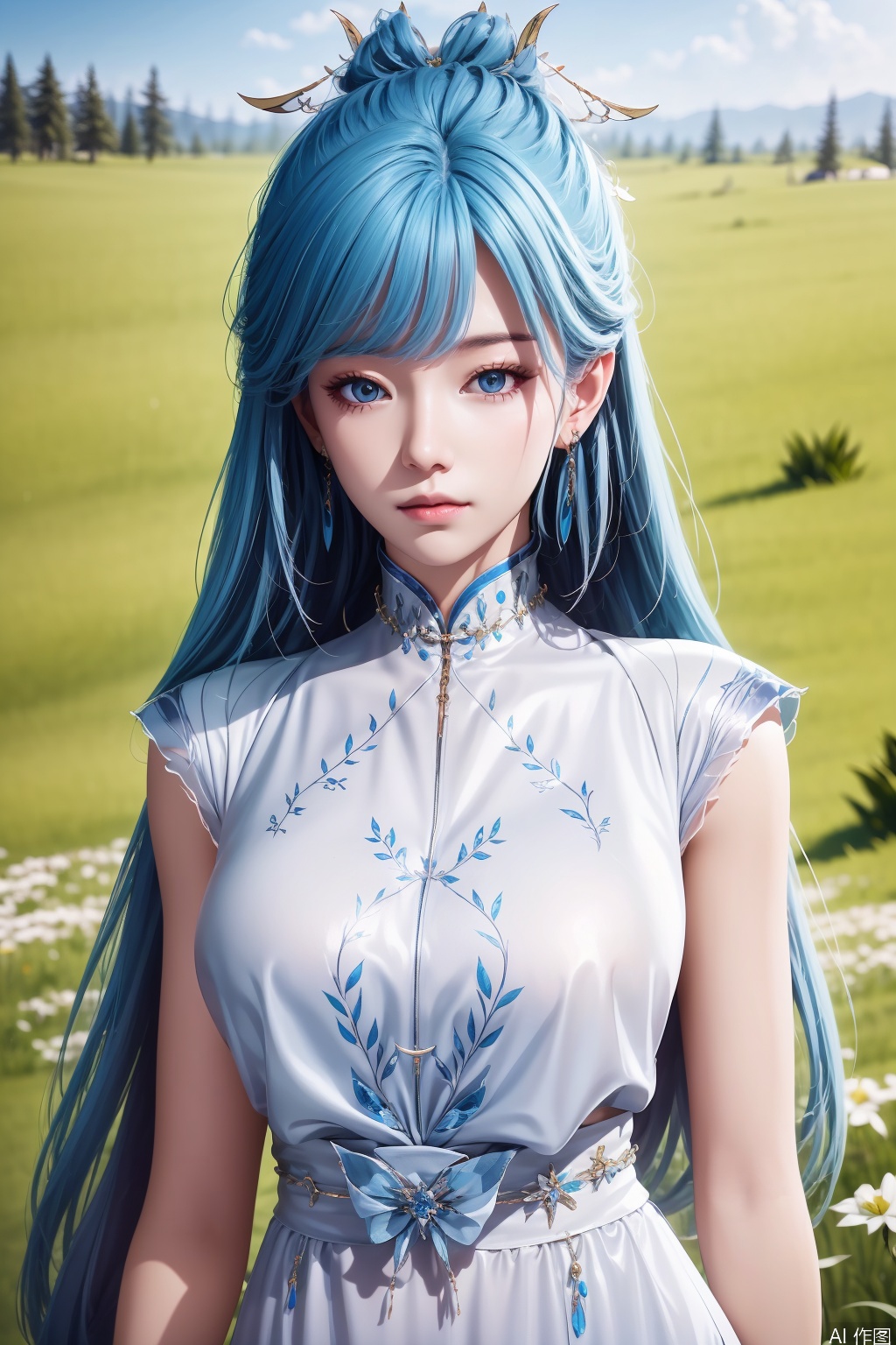 1girl, long hair, looking at viewer, dress, jewelry, blue hair, earrings, solo focus, white dress, bare legs, chinese clothes, masterpiece,best quality,official art,extremely detailed CG unity 8k wallpaper,
upper body,looking at viewer,in a meadow,