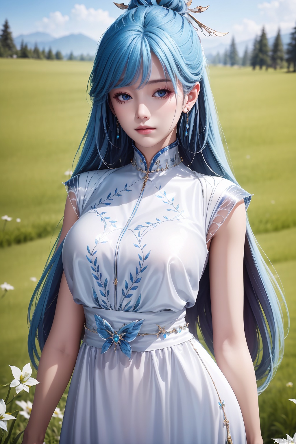 1girl, long hair, looking at viewer, dress, jewelry, blue hair, earrings, solo focus, white dress, bare legs, chinese clothes, masterpiece,best quality,official art,extremely detailed CG unity 8k wallpaper,
upper body,looking at viewer,in a meadow,