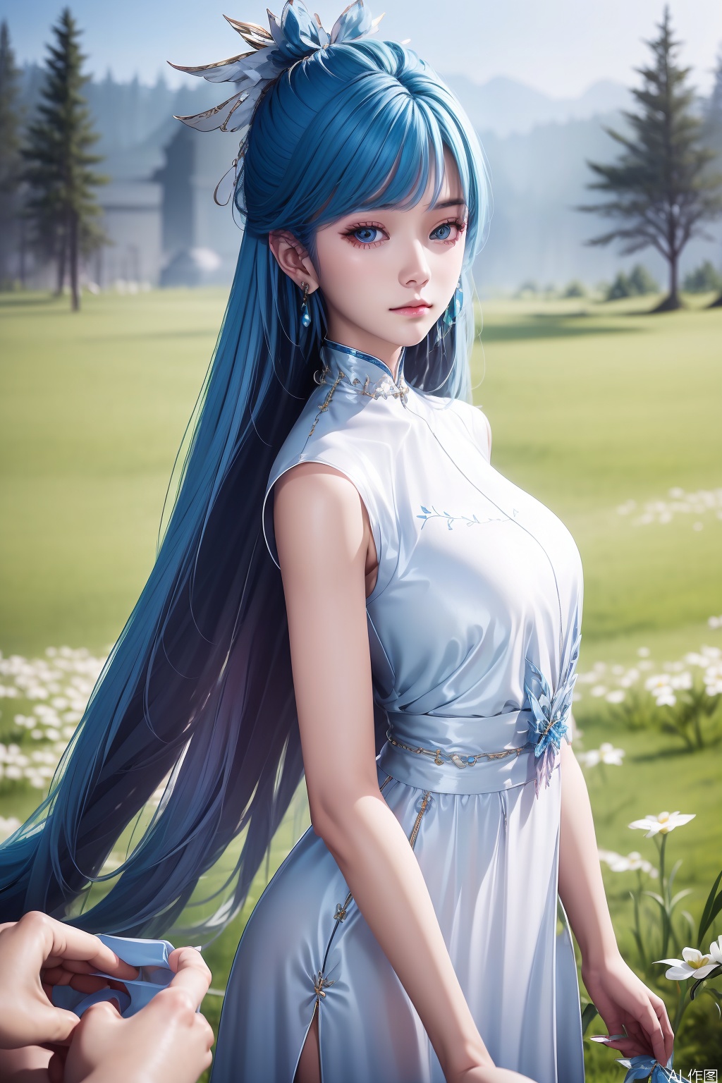 1girl, long hair, looking at viewer, dress, jewelry, blue hair, earrings, solo focus, white dress, bare legs, chinese clothes, masterpiece,best quality,official art,extremely detailed CG unity 8k wallpaper,
upper body,looking at viewer,in a meadow,