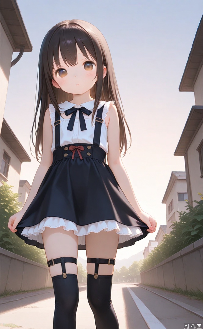 age_down,masterpiece,best quality,high quality,loli,chromatic_aberration,1girl,solo,long hair,loli,loli,loli,(little_girl:1.2),petite:1.1,outdoors,skirt,legwear garter,cxqbwh,