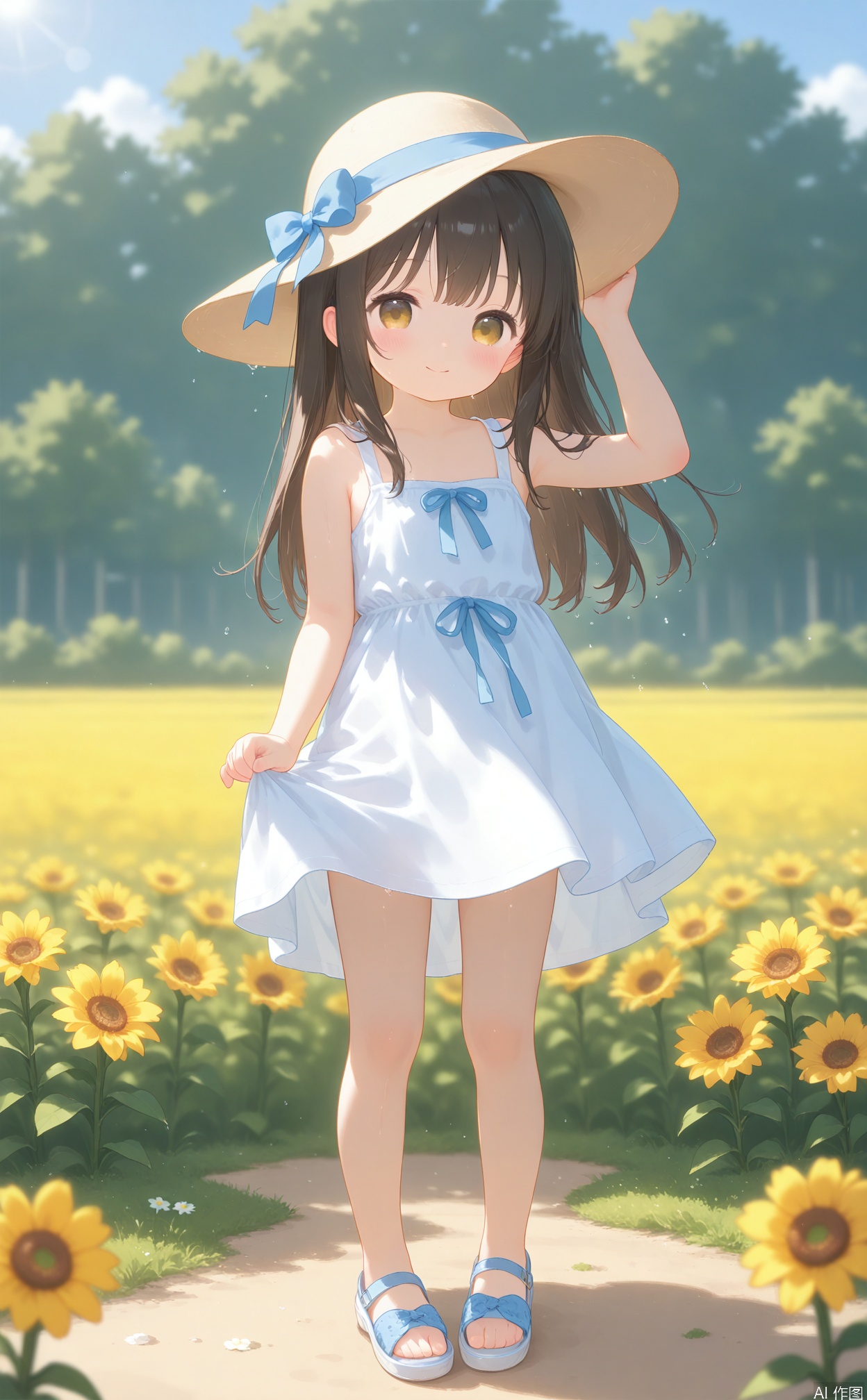 age_down,cxqbwhmasterpiece,best quality,high quality,loli,chromatic_aberration,1girl,solo,long hair,loli,loli,loli,(little_girl:1.2),petite:1.1,outdoors,flowers,sun flower,flowet field,sun hat,sun dress,standing,cxshadow,cyzf