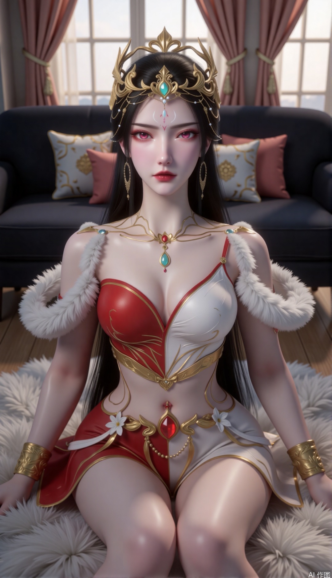zichu-hongdie, "This image depicts a charming woman, a full body shot of her, with long black hair, a golden crown on her head, a green gem in the middle, she has red eyes and delicate makeup, red and white eyeshadows and dark red lips, Wearing a beautifully crafted red and white outfit and a red and white dress. The skirt covers the entire legs, the clothes come with intricate patterns and exhaustively designed accessories
She sat on the floor covered with plush blankets, her legs crossed and her posture relaxed. Behind me is a dark sofa with several soft-colored pillows placed on the sofa. The windows and curtains can be seen in the background, and soft light is poured into the windows, creating a warm and comfortable home atmosphere. The overall picture has a delicate texture and natural light and shadow effects, giving people a warm and quiet feeling.