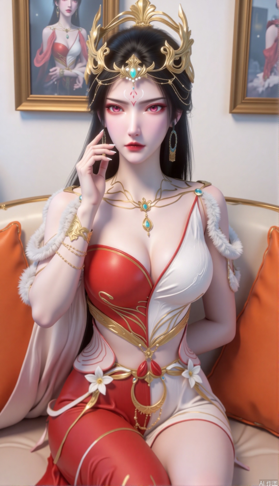 zichu-hongdie, "This image depicts a charming woman, a full body shot of her, with long black hair, a golden crown on her head, a green gem in the middle, she has red eyes and delicate makeup, red and white eyeshadows and dark red lips, Wearing a beautifully crafted red and white outfit and a red and white dress. The skirt covers the entire legs, the clothes come with intricate patterns and exhaustively designed accessories
She sat on an off-white sofa with orange cushions as an accent. Her left hand was placed on the armrest of the sofa, her right hand held her cheek, looking at the camera, her posture was charming. There are two abstract paintings hanging on the background wall, and the overall environment presents a modern, fashionable and slightly sexy atmosphere.