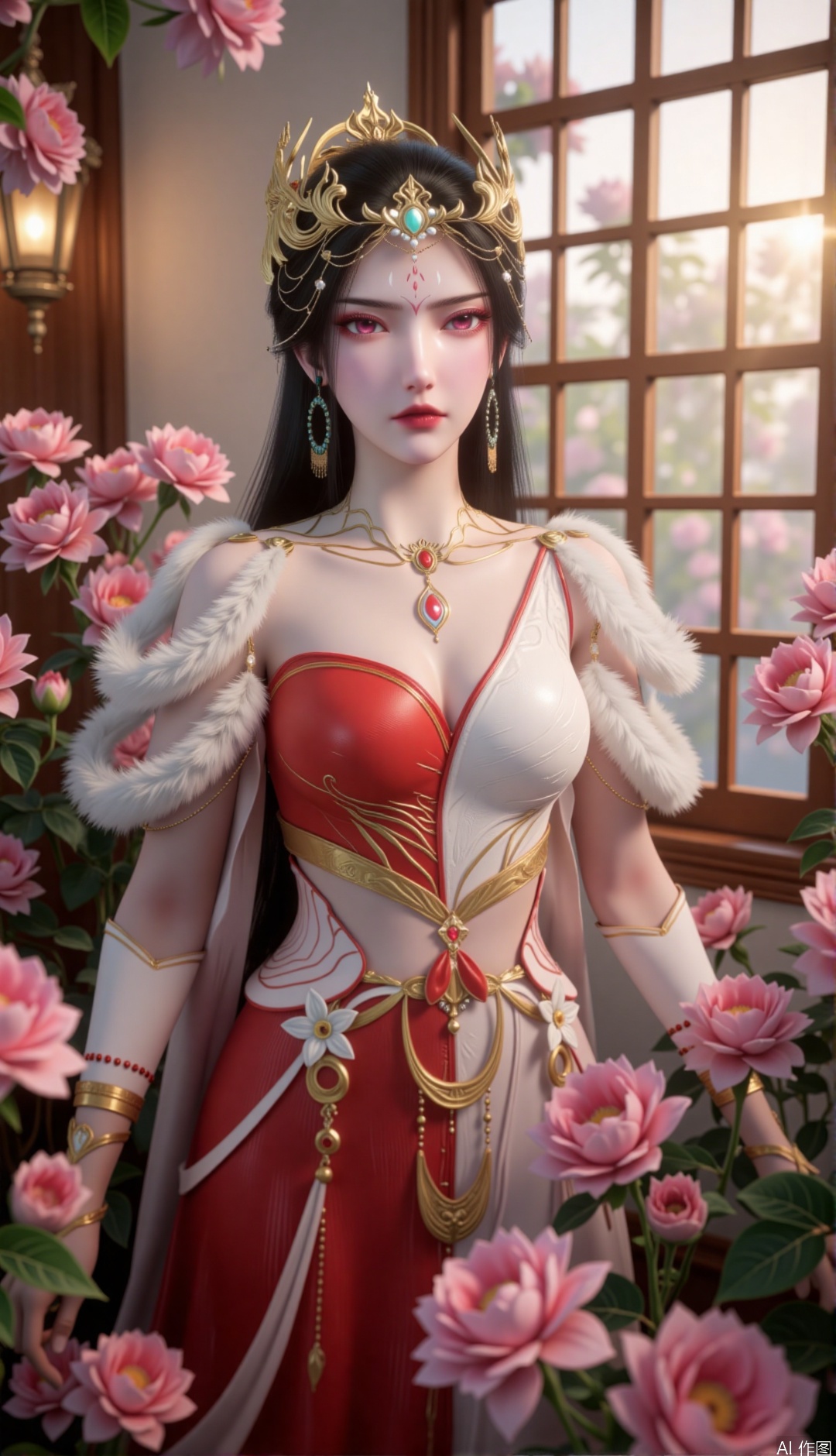 zichu-hongdie, "This image depicts a charming woman, a full body shot of her, with long black hair, a golden crown on her head, a green gem in the middle, she has red eyes and delicate makeup, red and white eyeshadows and dark red lips, Wearing a beautifully crafted red and white outfit and a red and white dress. The skirt covers the entire legs, the clothes come with intricate patterns and exhaustively designed accessories
Beside the woman were lush and blooming pink flowers, surrounded by the wooden window lattice, and the sun shone through the window, creating a warm and dreamy atmosphere, as if setting off the woman as a fairy among flowers. The overall picture is full of classical beauty and romantic atmosphere.