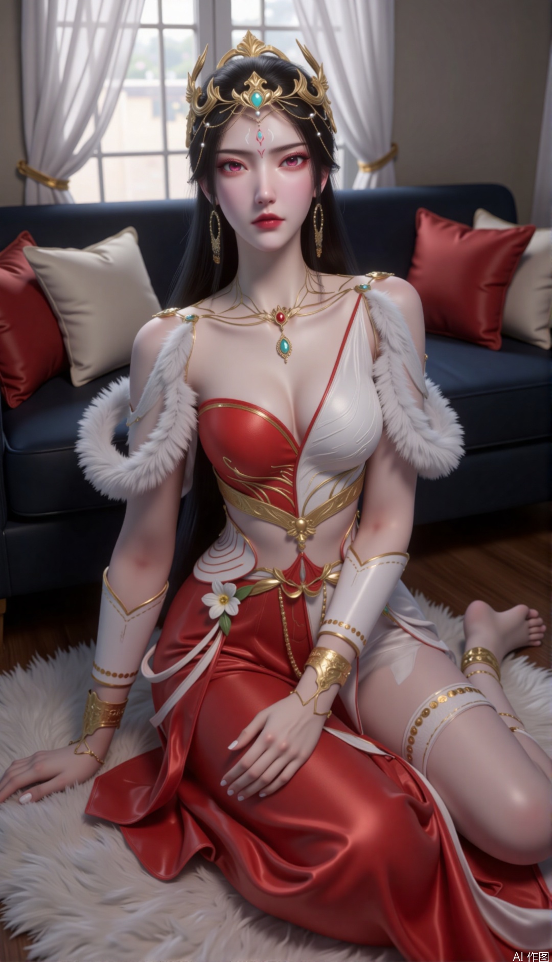 zichu-hongdie, "This image depicts a charming woman, a full body shot of her, with long black hair, a golden crown on her head, a green gem in the middle, she has red eyes and delicate makeup, red and white eyeshadows and dark red lips, Wearing a beautifully crafted red and white outfit and a red and white dress. The skirt covers the entire legs, the clothes come with intricate patterns and exhaustively designed accessories
She sat on the floor covered with plush blankets, her legs crossed and her posture relaxed. Behind me is a dark sofa with several soft-colored pillows placed on the sofa. The windows and curtains can be seen in the background, and soft light is poured into the windows, creating a warm and comfortable home atmosphere. The overall picture has a delicate texture and natural light and shadow effects, giving people a warm and quiet feeling.