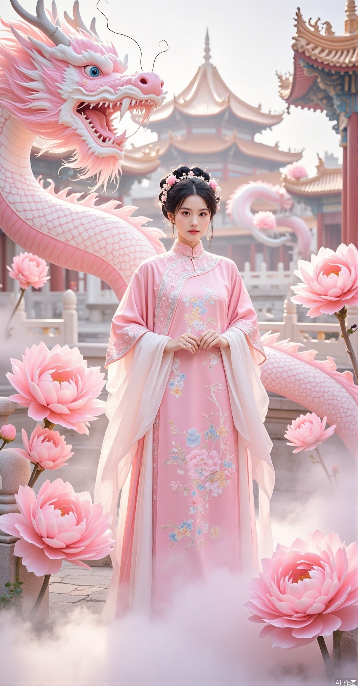1girl, solo, looking at viewer, black hair, hair ornament, long sleeves, dress, standing, flower, outdoors, hair flower, hair bun, chinese clothes, pink dress, pink flower, dragon, architecture, east asian architecture, eastern dragon