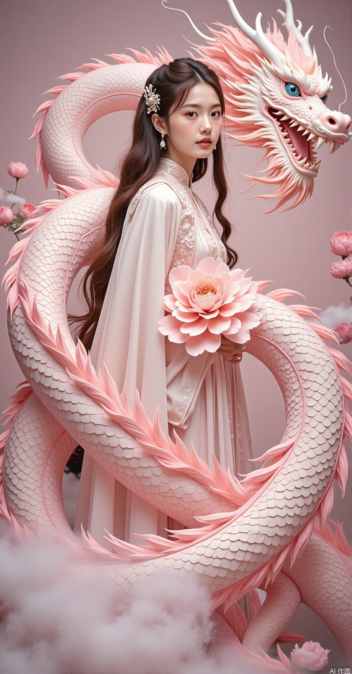 1girl, solo, long hair, brown hair, hair ornament, dress, twintails, brown eyes, flower, realistic, dragon, eastern dragon