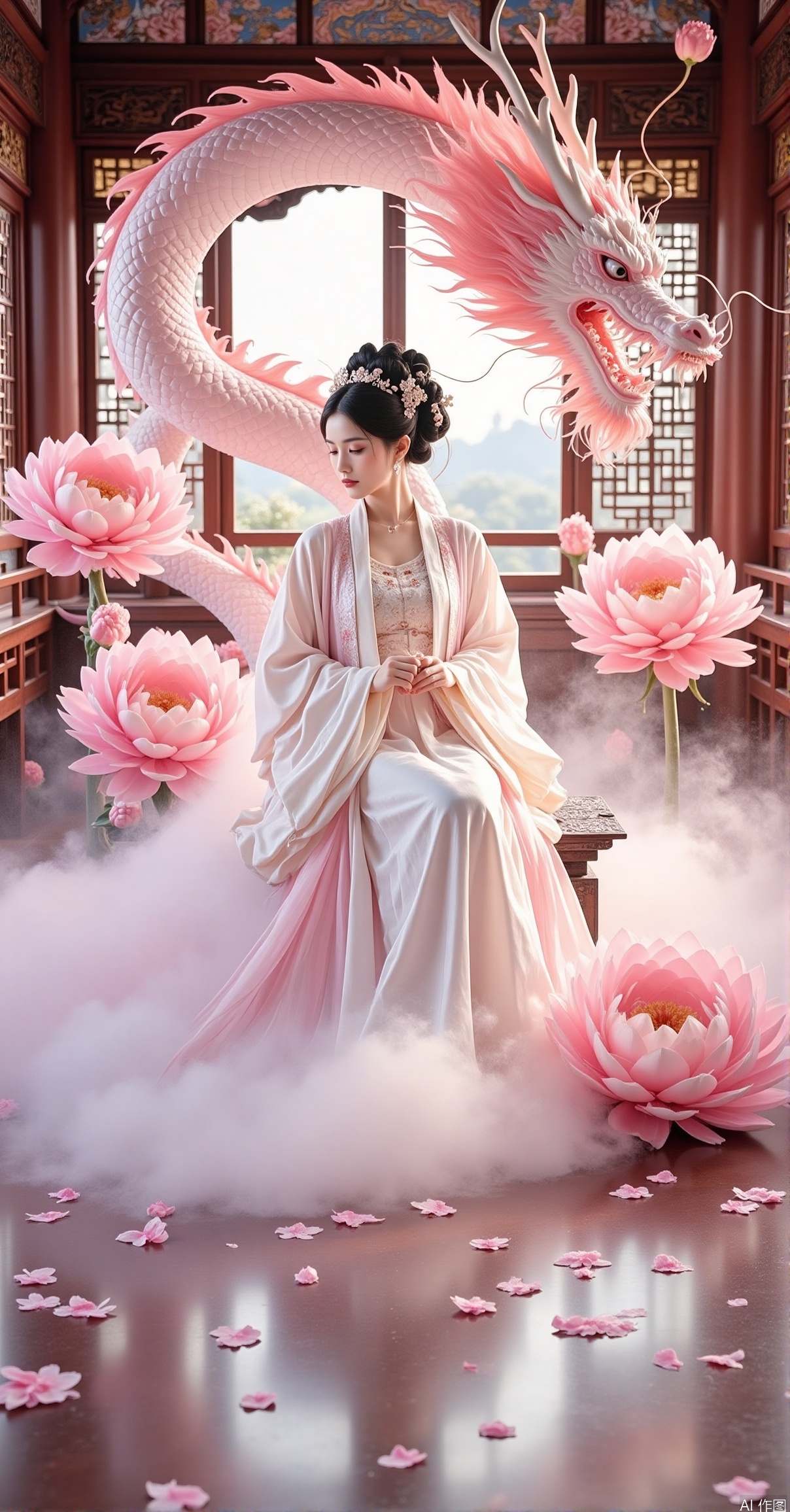 1girl, solo, black hair, hair ornament, long sleeves, dress, sitting, closed eyes, flower, indoors, hair flower, wide sleeves, hair bun, petals, window, chinese clothes, own hands together, pink flower, robe, dragon, architecture, hanfu, eastern dragon, reflective floor