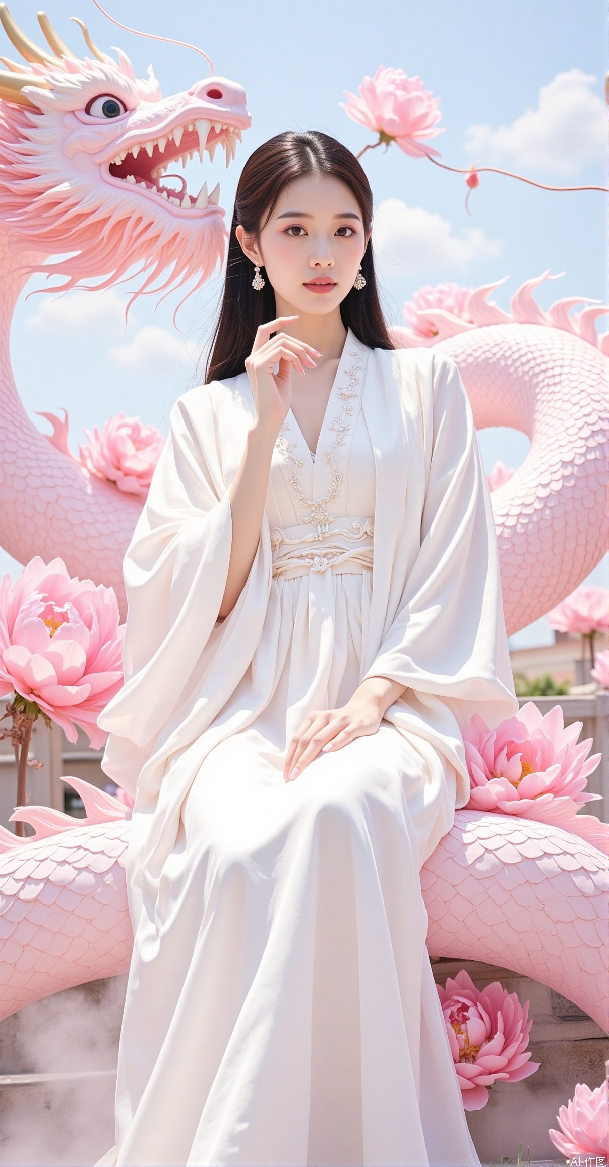 1girl, solo, long hair, black hair, long sleeves, dress, jewelry, sitting, flower, earrings, outdoors, sky, teeth, day, wide sleeves, white dress, chinese clothes, pink flower, dragon, hanfu, eastern dragon