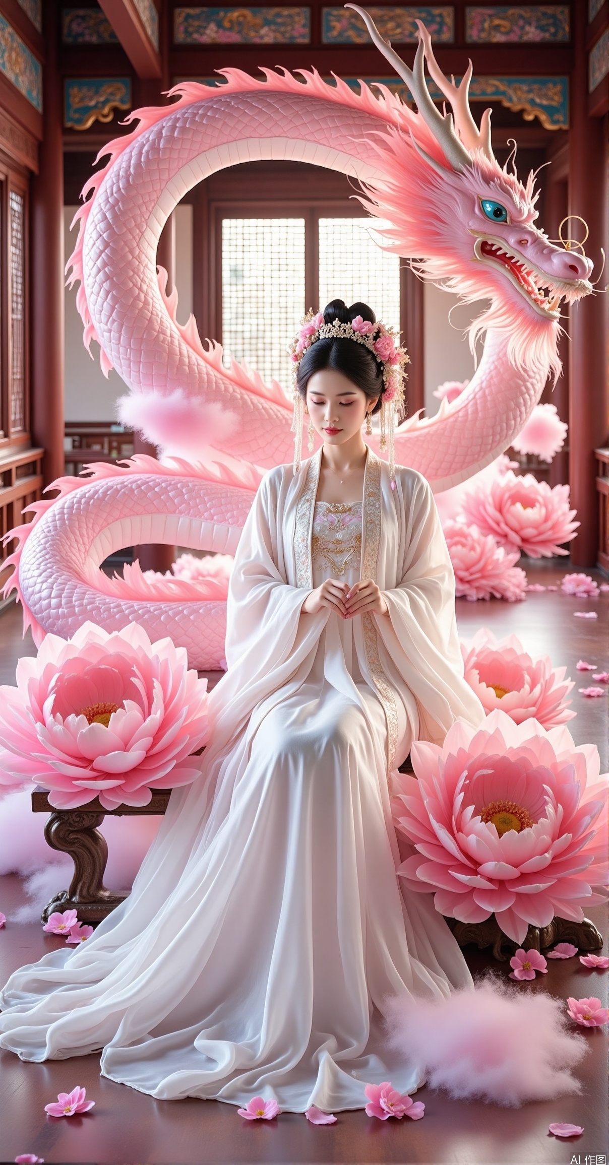1girl, solo, black hair, hair ornament, long sleeves, dress, sitting, closed eyes, flower, indoors, hair flower, wide sleeves, hair bun, petals, window, chinese clothes, own hands together, pink flower, robe, dragon, architecture, hanfu, eastern dragon, reflective floor