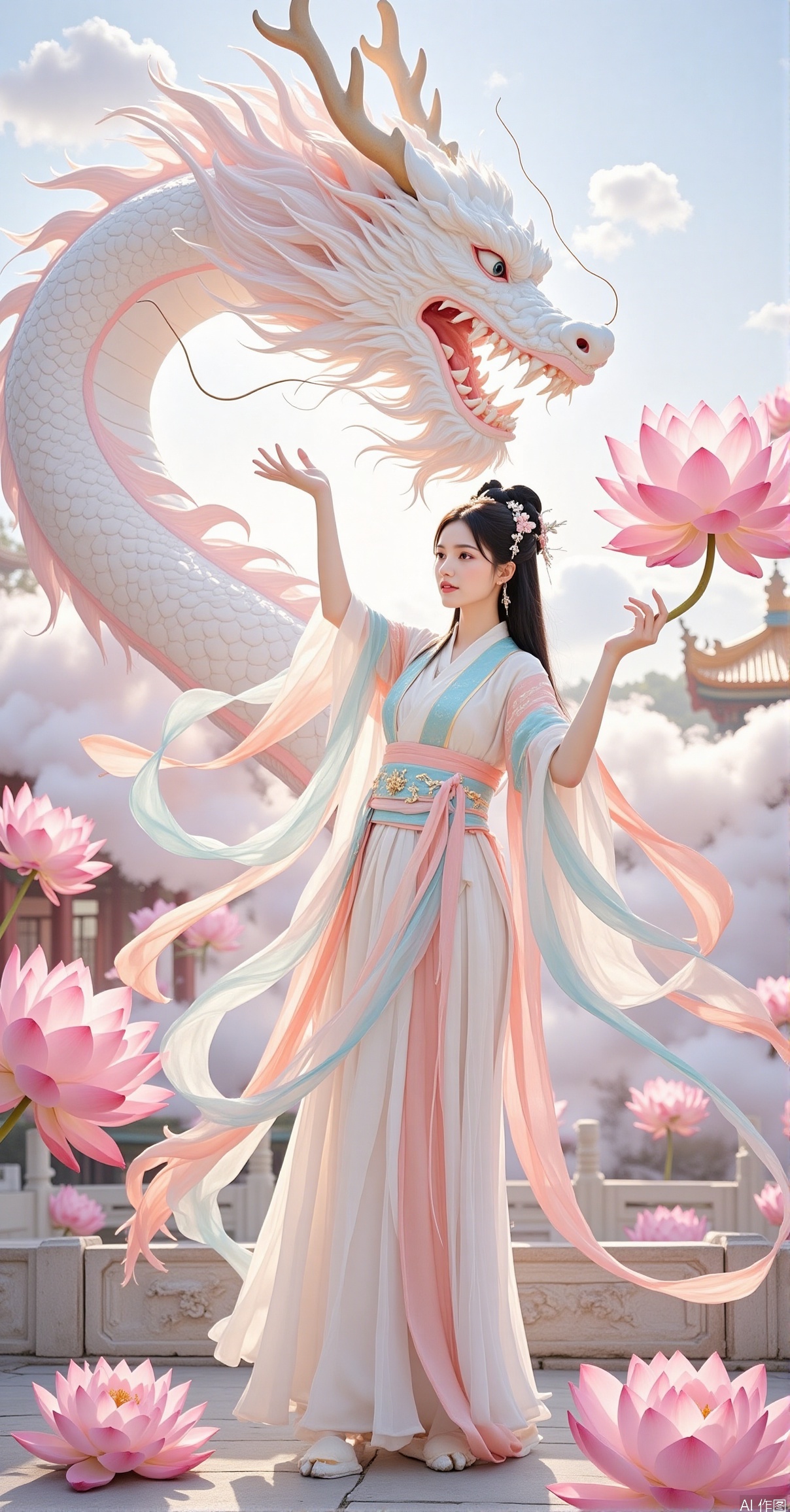 1girl, solo, black hair, hair ornament, long sleeves, dress, holding, standing, full body, flower, outdoors, horns, sky, teeth, day, cloud, wide sleeves, sash, chinese clothes, pink flower, smoke, shawl, dragon, architecture, east asian architecture, hagoromo, lotus, hanfu, eastern dragon