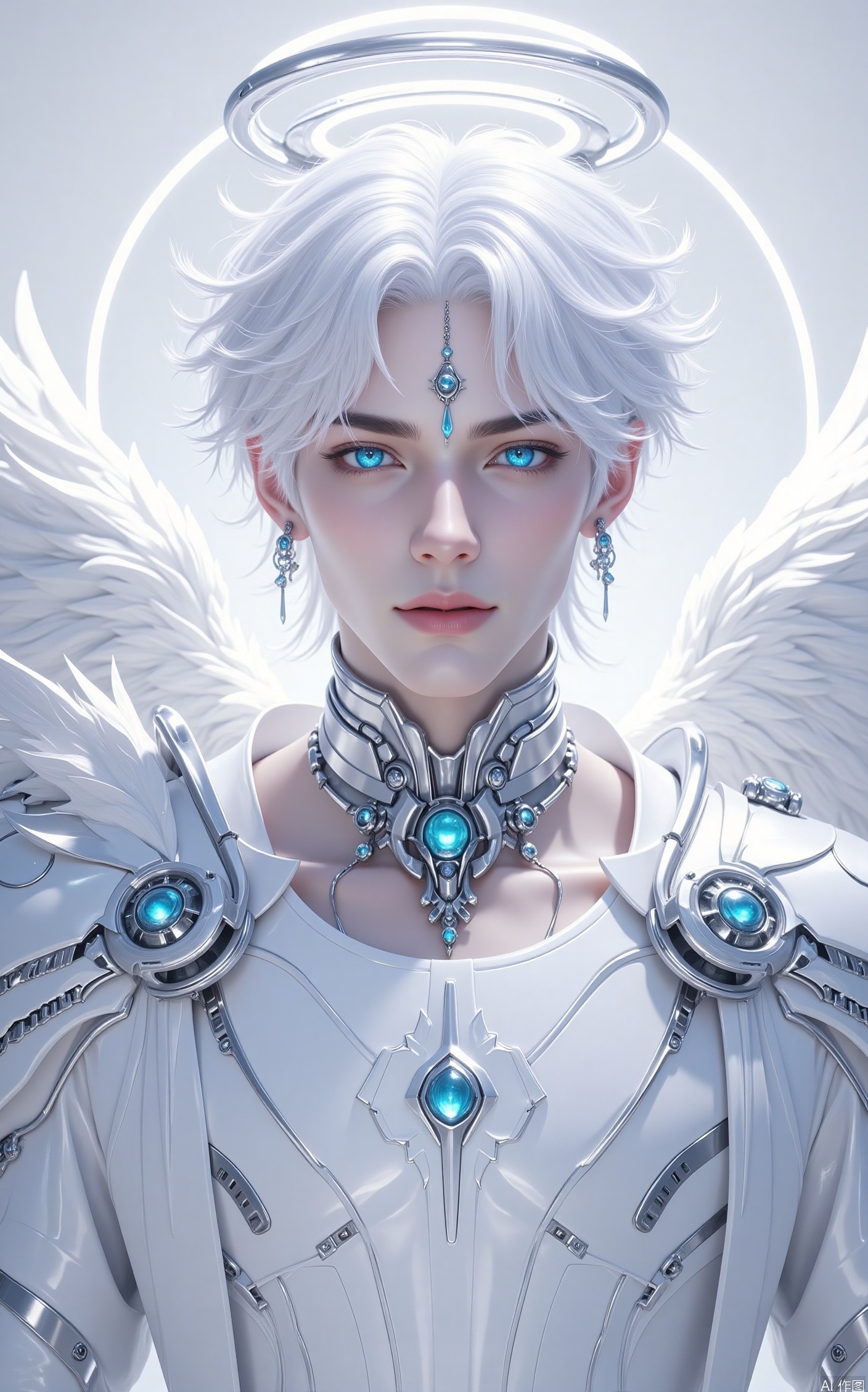 solo, looking at viewer, short hair, blue eyes, 1boy, jewelry, collarbone, upper body, white hair, male focus, earrings, parted lips, wings, teeth, necklace, armor, lips, parted bangs, halo, shoulder armor, gem, portrait, feathered wings, angel wings, white wings, angel