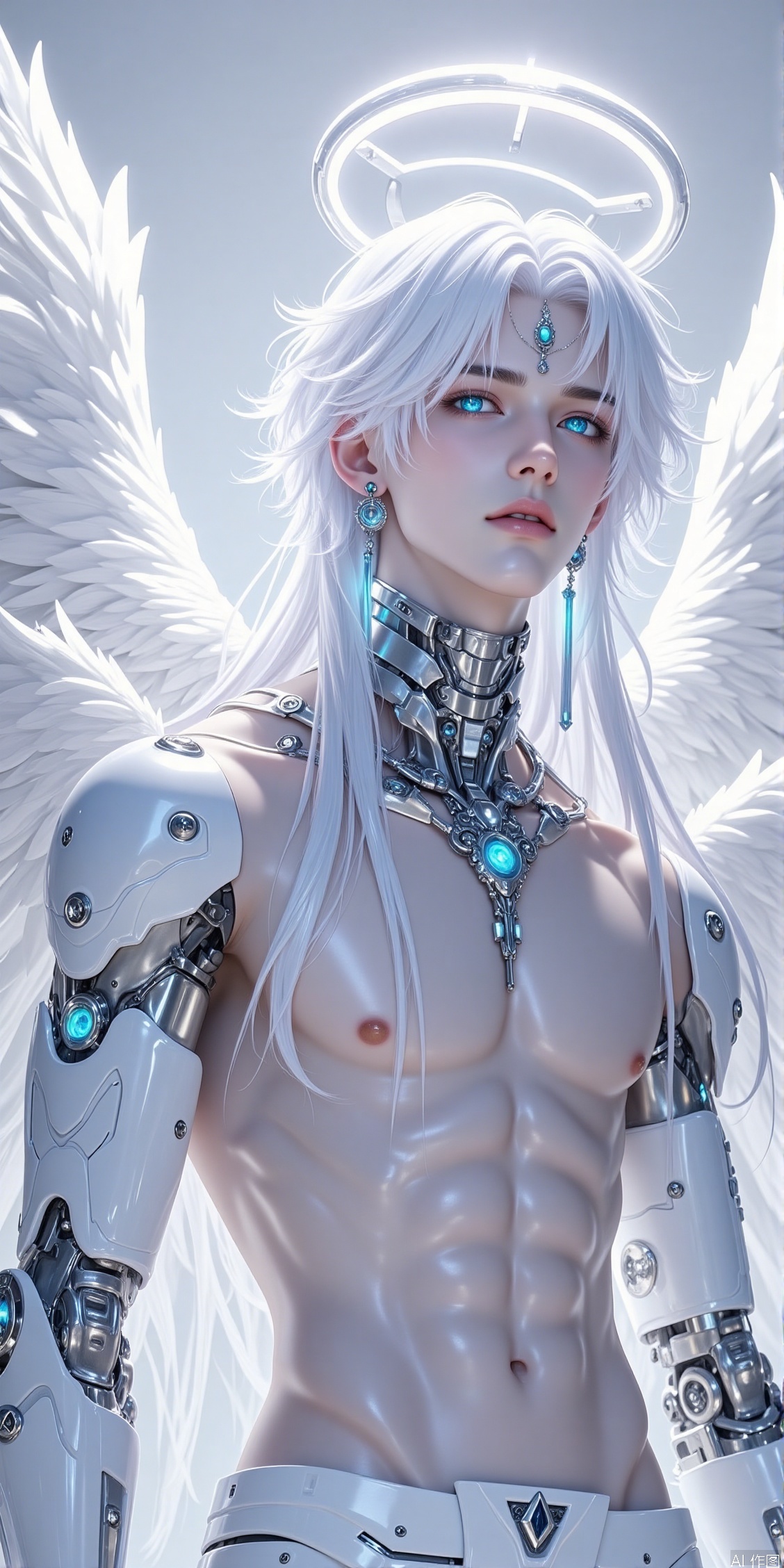 solo, long hair, looking at viewer, bangs, blue eyes, 1boy, jewelry, closed mouth, upper body, white hair, male focus, earrings, wings, necklace, lips, parted bangs, eyelashes, glowing, halo, expressionless, gem, feathered wings, topless male, angel wings, white wings, angel, mechanical arms, cyborg, robot joints