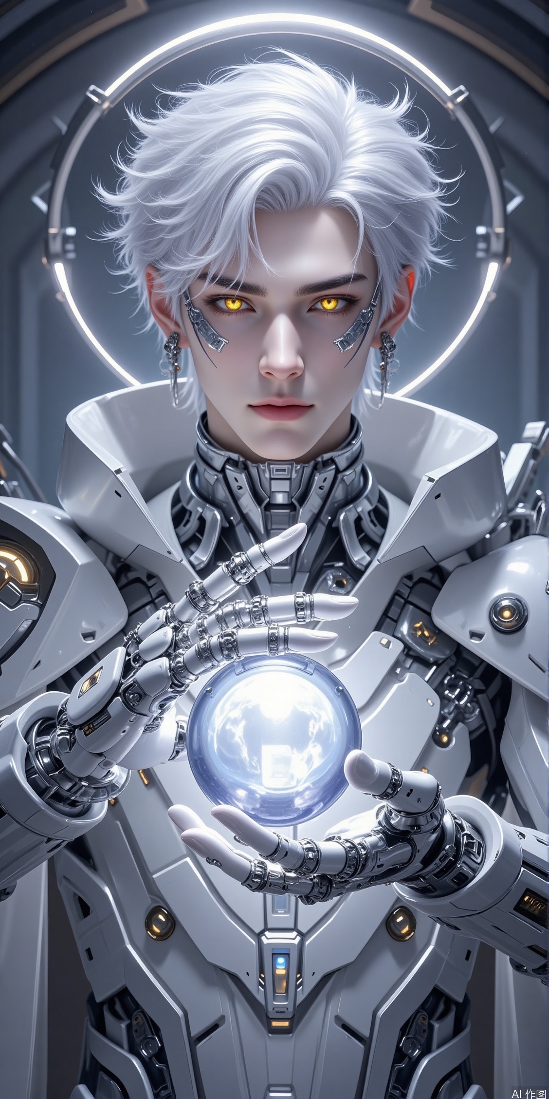 solo, looking at viewer, short hair, 1boy, jewelry, yellow eyes, upper body, white hair, male focus, earrings, indoors, lips, glowing, halo, glowing eyes, mechanical arms