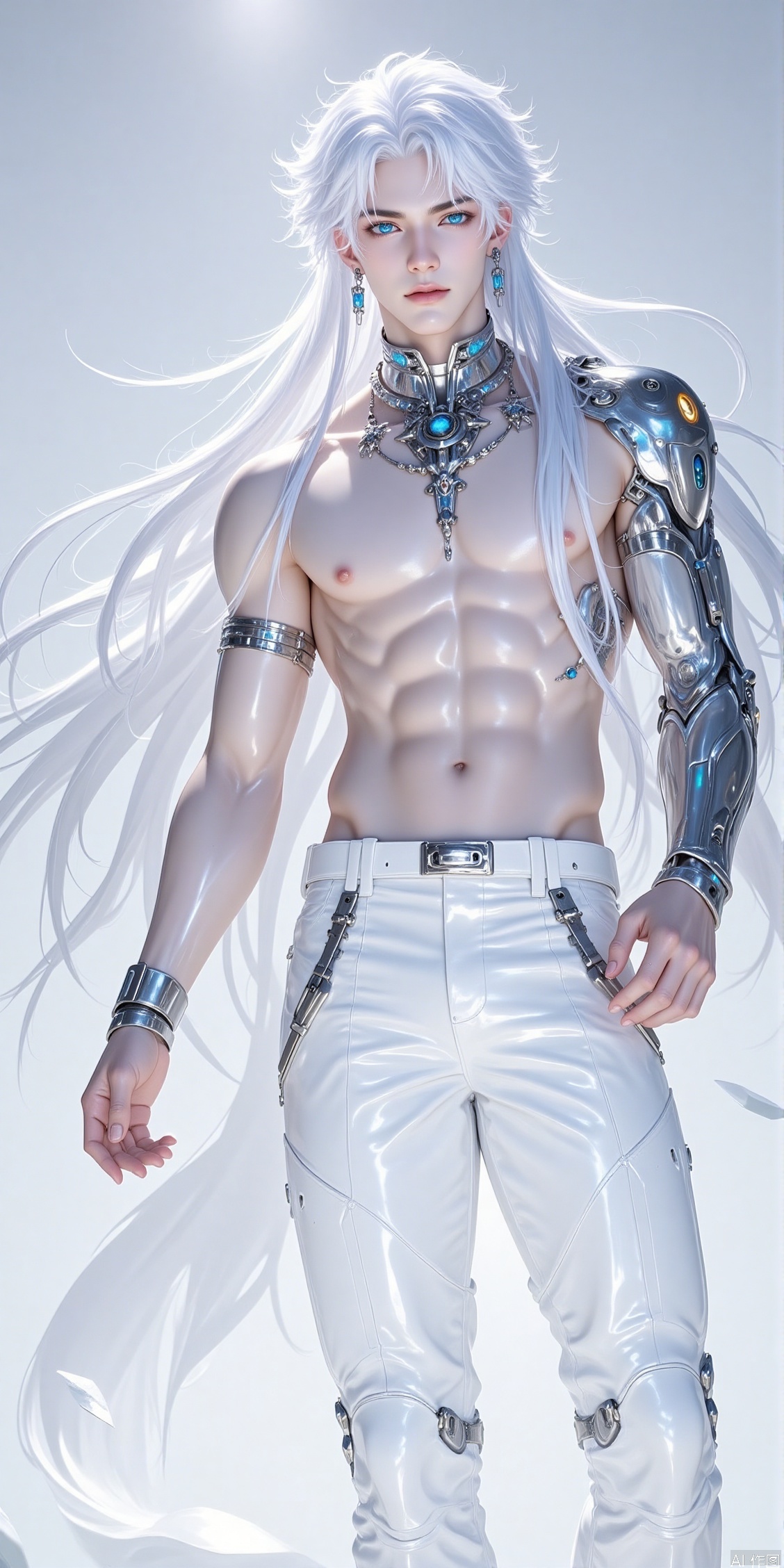 solo, long hair, blue eyes, 1boy, navel, jewelry, nipples, standing, white hair, male focus, cowboy shot, earrings, parted lips, belt, pants, necklace, collar, lips, muscular, abs, pectorals, topless male, white pants