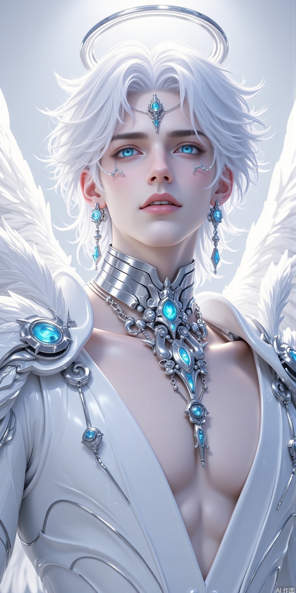 solo, looking at viewer, short hair, blue eyes, 1boy, jewelry, collarbone, upper body, white hair, male focus, earrings, parted lips, wings, teeth, necklace, armor, lips, parted bangs, halo, shoulder armor, gem, portrait, feathered wings, angel wings, white wings, angel