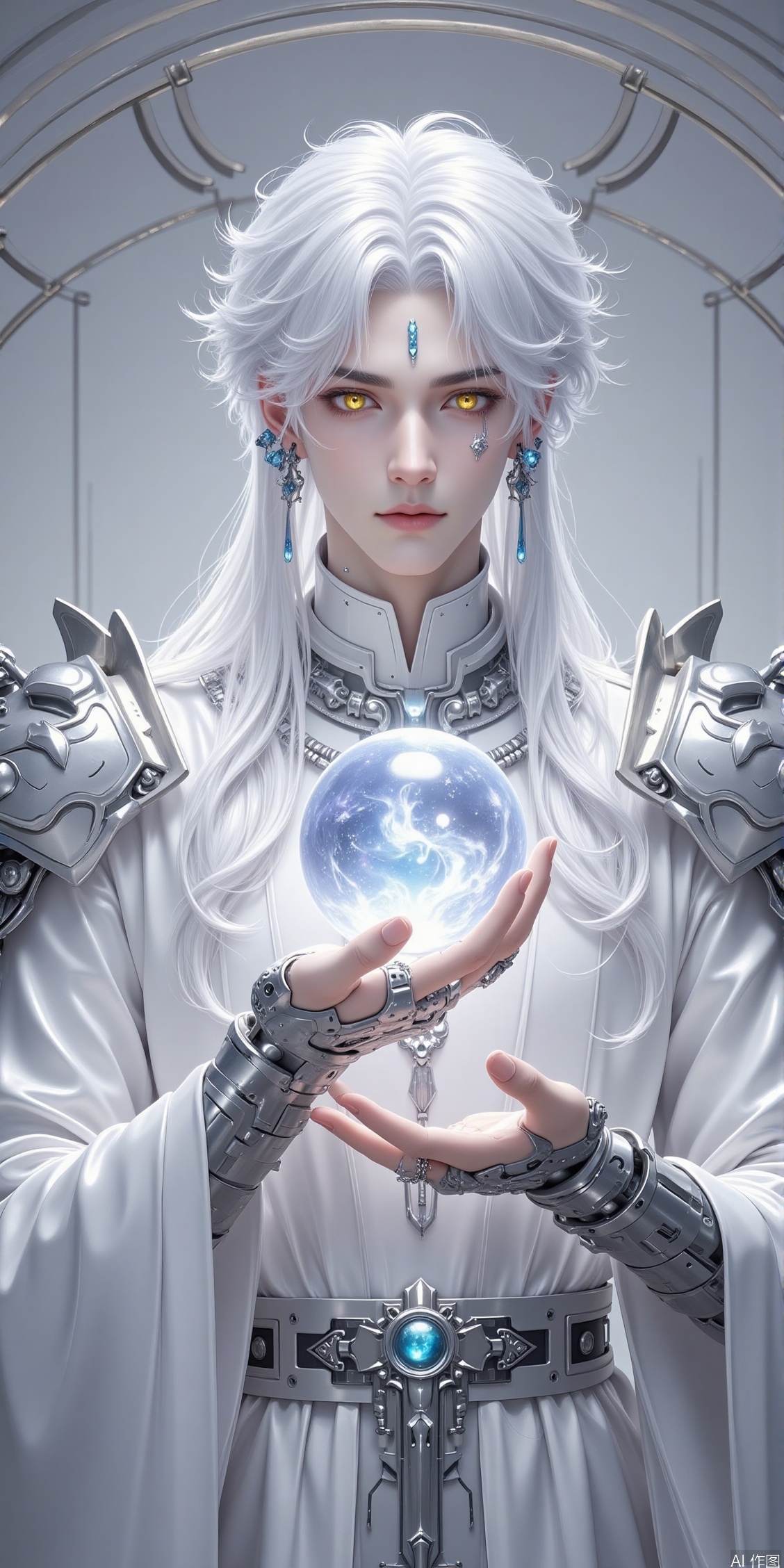 solo, long hair, looking at viewer, hair ornament, long sleeves, 1boy, holding, jewelry, closed mouth, yellow eyes, upper body, white hair, male focus, earrings, belt, indoors, wide sleeves, armor, mole, lips, ring, shoulder armor, robe, orb, white robe