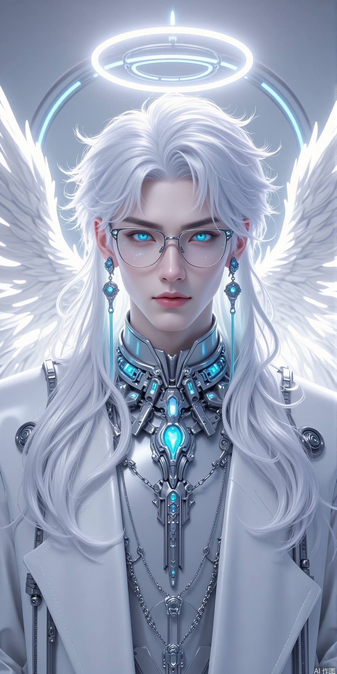 solo, long hair, looking at viewer, blue eyes, shirt, 1boy, jewelry, closed mouth, jacket, upper body, white hair, male focus, earrings, wings, glasses, lips, glowing, chain, halo, white jacket, gem, glowing eyes, feathered wings, angel wings, angel