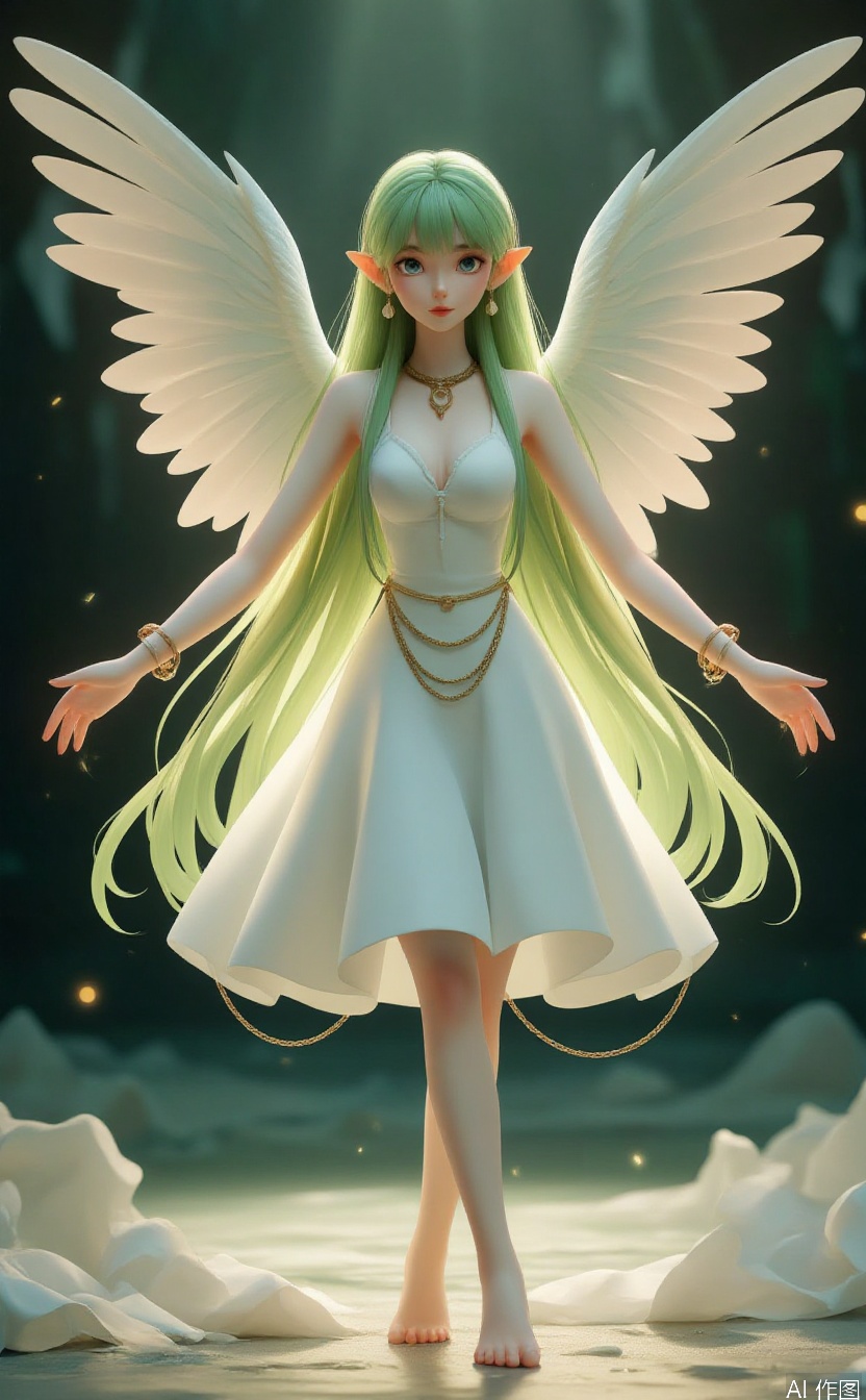 1girl, solo, long hair, looking at viewer, blue eyes, dress, jewelry, very long hair, green hair, wings, barefoot, pointy ears, white dress, chain , depth of field, light particles, lens flare, (artist:quasarcake:0.8),extreme aesthetic,(wlop:0.6), wanke,rella,wanke,masterpiece,best quality,good quality,newest ,year 2024, year 2023, very aesthetic,absurdres,Visual impact, A shot with tension, ultra-high resolution,32K UHD,sharp focus,best quality,masterpiece,Emotionalization masterpiece, unconventional supreme,masterful details,with a high end texture,in the style of fashion photography, (Visual impact:1.2),giving the poster a dynamic and visually striking appearance,impactful picture,offcial art,colorful ,splash of color, movie perspective, masterpiece,best quality,amazing quality,very aesthetic,absurdres,best quality,newest