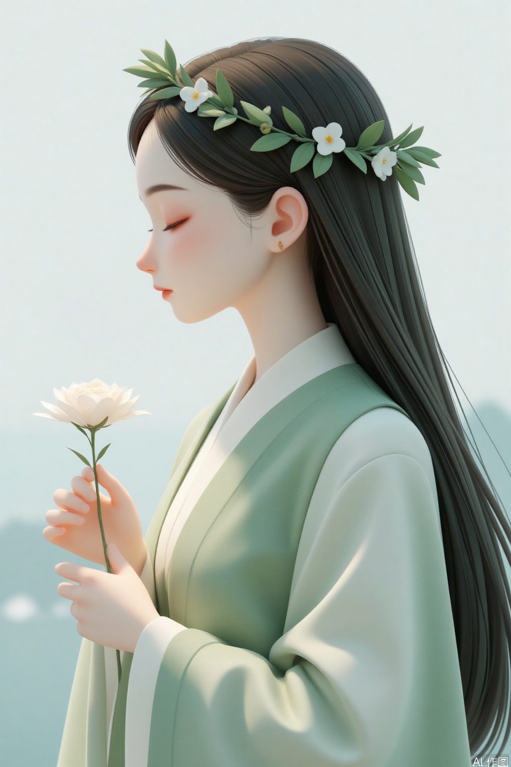 yajiang, 1girl, solo, long hair, flower, holding flower, holding, head wreath, upper body, closed eyes, blurry, from side, profile, closed mouth
