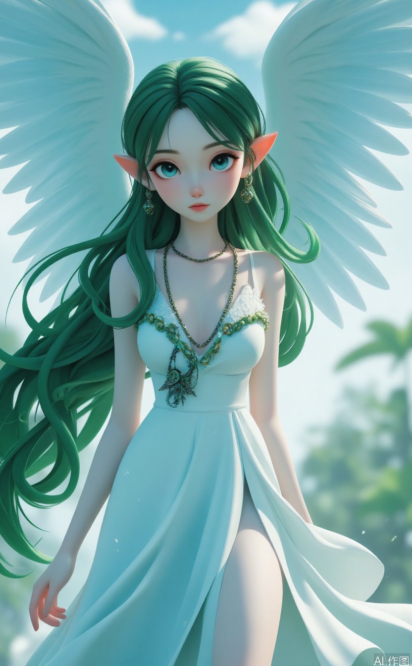 1girl, solo, long hair, looking at viewer, blue eyes, dress, jewelry, very long hair, green hair, wings, barefoot, pointy ears, white dress, chain , depth of field, light particles, lens flare, (artist:quasarcake:0.8),extreme aesthetic,(wlop:0.6), wanke,rella,wanke,masterpiece,best quality,good quality,newest ,year 2024, year 2023, very aesthetic,absurdres,Visual impact, A shot with tension, ultra-high resolution,32K UHD,sharp focus,best quality,masterpiece,Emotionalization masterpiece, unconventional supreme,masterful details,with a high end texture,in the style of fashion photography, (Visual impact:1.2),giving the poster a dynamic and visually striking appearance,impactful picture,offcial art,colorful ,splash of color, movie perspective, masterpiece,best quality,amazing quality,very aesthetic,absurdres,best quality,newest