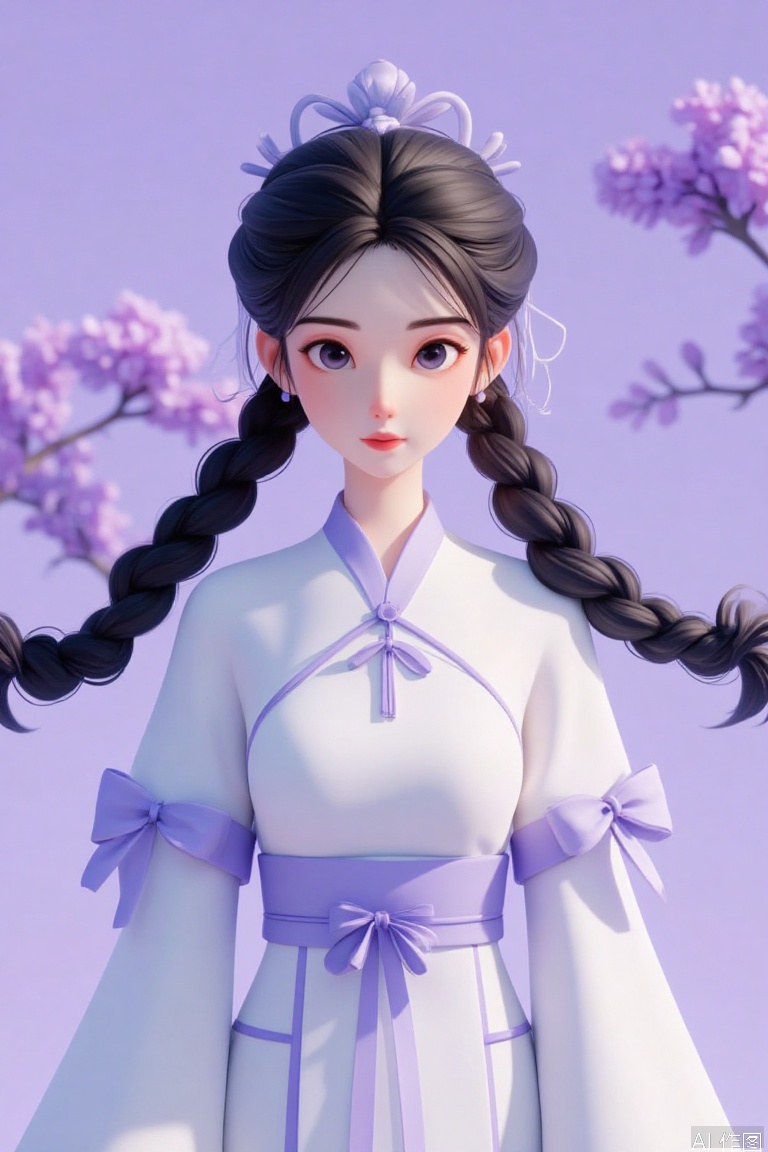 A tension shot, an impact picture, official art, movie perspective, masterpiece, facing the camera, best quality, very aesthetic, very delicate beauty, huge file size, amazing quality, 32K UHD,solo_focus, (1 girl, black hair, braids, upper body), anime, long hair,solo, gaze at the audience, Purple background, standing, above waist, Female focus, Long sleeves, Chinese clothing, wide sleeves, Hanfu, Belt, fringe, ribbon decoration, lonely, black hair, purple eyes, long hair, hair accessories, eye hair accessories, white clothing.
Simple background, depth of field, sunlight, Reflection, superb detail, intricate detail, Soothing tones, High contrast, natural skin texture, soft light, sharp Ultra High resolution, 32K UHD,((medium_shot)), upper body,(gongbihua:1.3), Representative, High quality, (a painting style of Gongbi flower: 1.1), Chinese dress, solo, facing the audience, looking at the audience, Lilac flower.