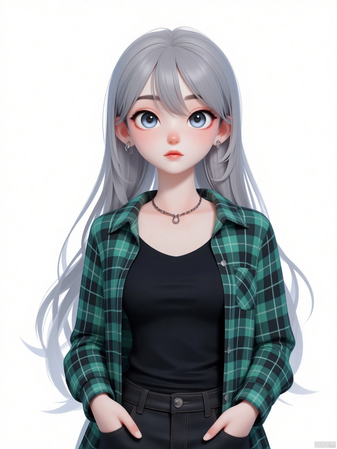 1girl, solo, long hair, looking at viewer, blue eyes, simple background, shirt, long sleeves, white background, hair between eyes, jewelry, closed mouth, standing, grey hair, cowboy shot, earrings, open clothes, pants, necklace, grey eyes, plaid, black shirt, expressionless, piercing, ear piercing, hands in pockets, plaid shirt
