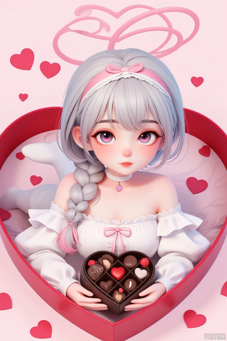 loli, 1girl,box,heart-shaped box,pantyhose,solo,colored inner hair,in box,white pantyhose,halo,white choker,in container,multicolored hair,pink hair,looking at viewer,shirt,single braid,white shirt,red halo,plana (blue archive),frilled choker,no shoes,long sleeves,holding,white hairband,bow hairband,closed mouth,two-tone hair,braid,hairband,arona (blue archive),alternate costume,gift,gift box,blush,box of chocolates,off shoulder,valentine,frills,choker,white ribbon,feet,lying,red pupils,heart,holding box,grey hair,pink pupils,holding gift,pink halo,white hair,legs,puffy long sleeves,short hair,black eyes,grey eyes,foot out of frame,toes,long hair,side braid,ribbon,rose,white dress,ass,knees up,flower,food,