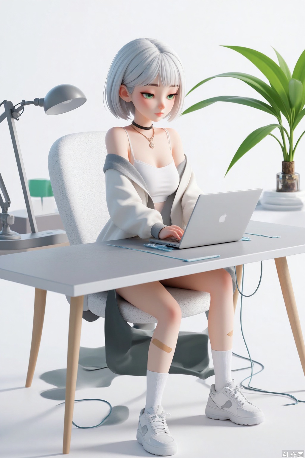 masterpiece,very aware,highres,absurdres,newest,best quality,high quality,chromatic_aberration, //, 1girl, solo, short hair, bangs, simple background, long sleeves, white background, holding, bare shoulders, sitting, closed mouth, green eyes, jacket, full body, white hair, grey hair, shoes, choker, socks, off shoulder, sleeves past wrists, tattoo, chair, white footwear, white jacket, plant, white socks, sneakers, bandaid, grey jacket, computer, bandaid on leg, bandaid on knee, grey socks //, ,(artist:quasarcake:0.8),extreme aesthetic,(wlop:0.6),(wanke:0.8),(mon (monmon2133):0.5),(mochizuki kei:0.95), (tira 27:0.7), //, official art,depth of field,detailed light,blurry background,best shadow,shiny skin,cinematic lighting,ray tracing, amazing quality,very aesthetic,absurdres,beast quality,ultra detailed,newest,8K,HDR,
负向提示