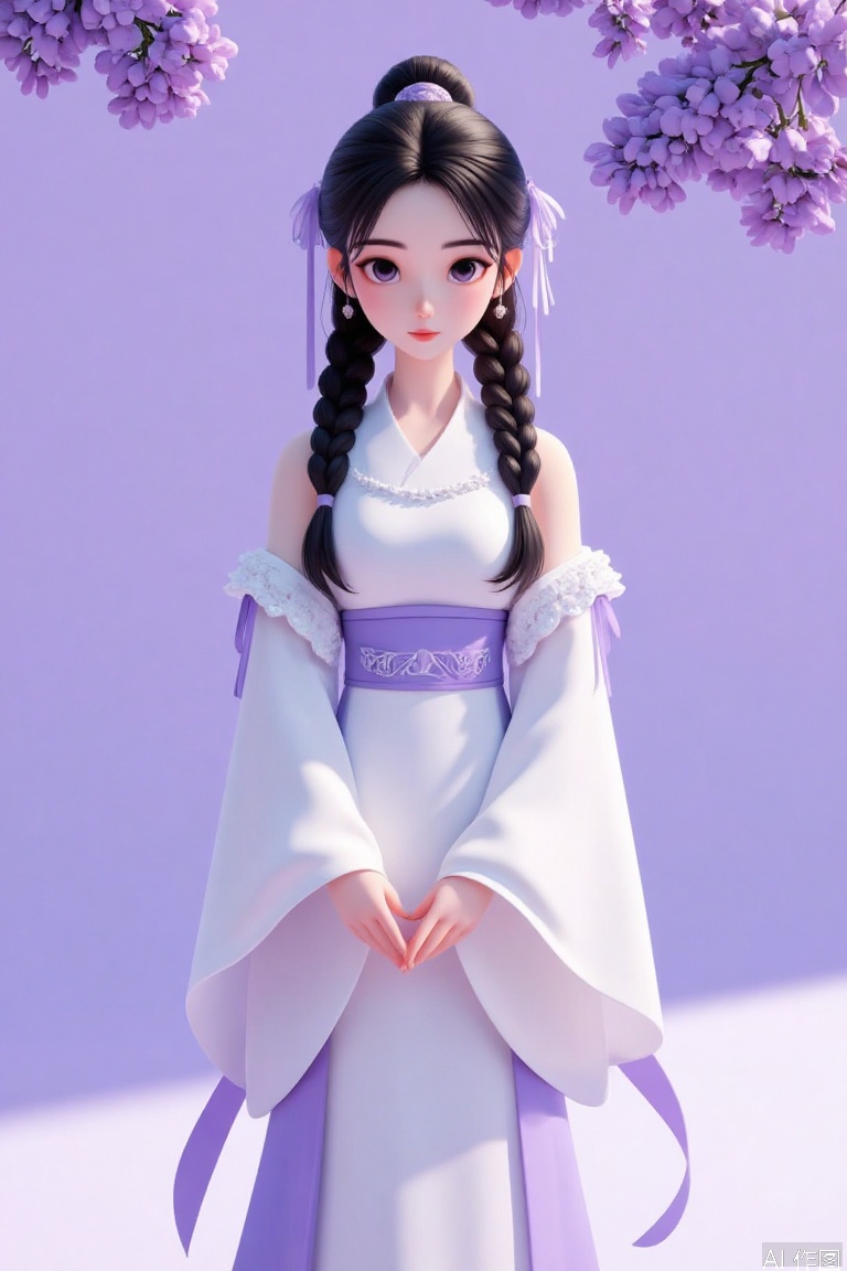 A tension shot, an impact picture, official art, movie perspective, masterpiece, facing the camera, best quality, very aesthetic, very delicate beauty, huge file size, amazing quality, 32K UHD,solo_focus, (1 girl, black hair, braids, upper body), anime, long hair,solo, gaze at the audience, Purple background, standing, above waist, Female focus, Long sleeves, Chinese clothing, wide sleeves, Hanfu, Belt, fringe, ribbon decoration, lonely, black hair, purple eyes, long hair, hair accessories, eye hair accessories, white clothing.
Simple background, depth of field, sunlight, Reflection, superb detail, intricate detail, Soothing tones, High contrast, natural skin texture, soft light, sharp Ultra High resolution, 32K UHD,((medium_shot)), upper body,(gongbihua:1.3), Representative, High quality, (a painting style of Gongbi flower: 1.1), Chinese dress, solo, facing the audience, looking at the audience, Lilac flower.