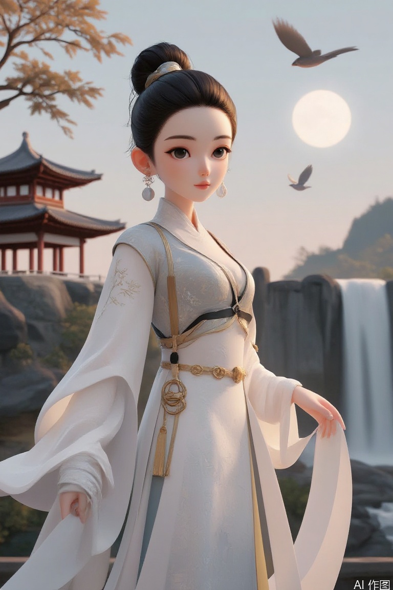 A solo_focus shot of 1 girl in full body pose wearing detailed hanfu chinese clothing, standing outdoors near a waterfall with East Asian architecture in the background. The scene includes a moon and sky above, flying birds around her. Blurred foreground enhances the focus on her detailed face. Soft light from sunlight creates reflective tones with high contrast and layering. Soothing colors highlight intricate details. Natural skin texture shines under sharp lighting. Ultra-high resolution at 32K UHD ensures masterful details. Tension fills this impactful, extremely delicate and beautiful image with amazing quality and huge filesize.