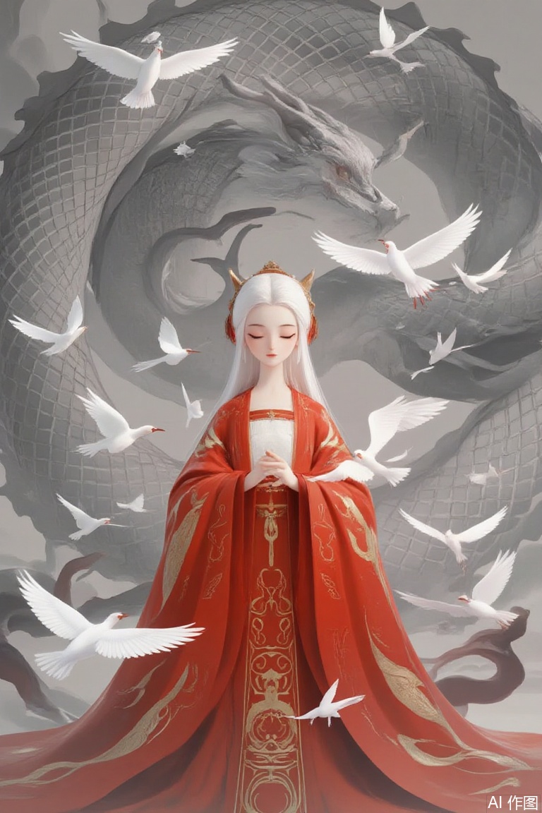 The image depicts a serene and mystical scene with a figure dressed in a flowing red robe adorned with intricate golden patterns. The figure has long

white hair and is surrounded by numerous white birds

some of which are in flight while others are perched nearby. The background features a large dragon with a lattice pattern

and the overall color palette is dominated by shades of gray

white

and red. The scene exudes a sense of tranquility and harmony

with the figure appearing to be in a state of peaceful contemplation. 