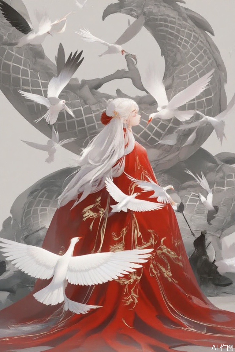 The image depicts a serene and mystical scene with a figure dressed in a flowing red robe adorned with intricate golden patterns. The figure has long

white hair and is surrounded by numerous white birds

some of which are in flight while others are perched nearby. The background features a large dragon with a lattice pattern

and the overall color palette is dominated by shades of gray

white

and red. The scene exudes a sense of tranquility and harmony

with the figure appearing to be in a state of peaceful contemplation. 
