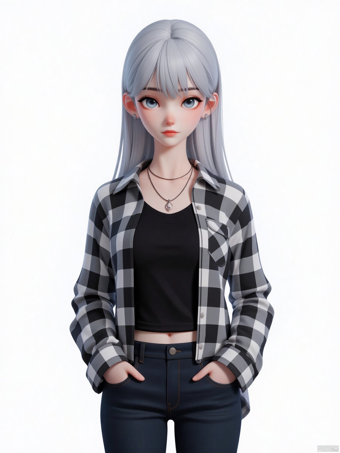 1girl, solo, long hair, looking at viewer, blue eyes, simple background, shirt, long sleeves, white background, hair between eyes, jewelry, closed mouth, standing, grey hair, cowboy shot, earrings, open clothes, pants, necklace, grey eyes, plaid, black shirt, expressionless, piercing, ear piercing, hands in pockets, plaid shirt