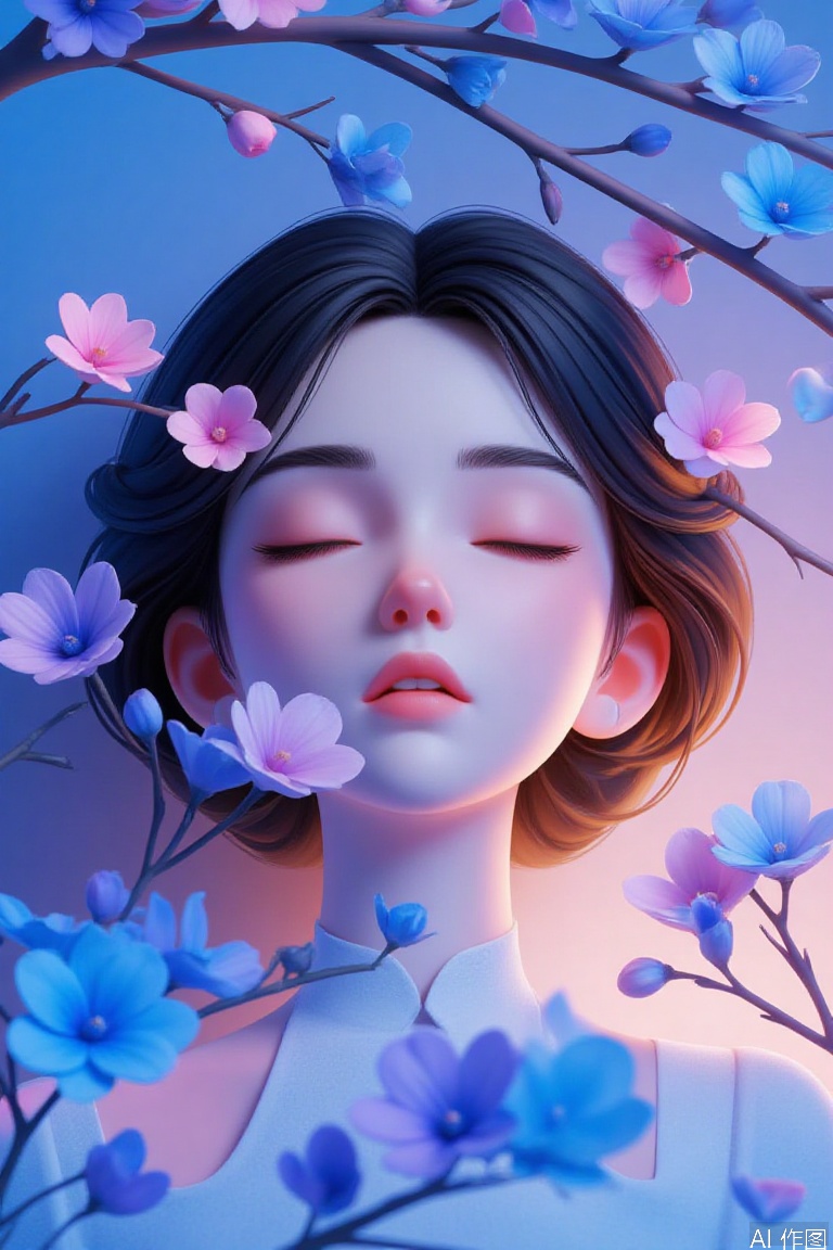 nervous,A surreal and vibrant photograph of a woman's face surrounded by colorful flowers and branches. The woman has light skin and dark hair,which is partially covered by the branches. Her eyes are closed,and she has a calm expression on her face. The flowers are a mix of blue,pink,and purple,with some petals falling around her. The background is a gradient of blue,adding to the dreamy and ethereal atmosphere of the image. The lighting is soft and diffused,creating a gentle glow on her face and the flowers. The overall effect is one of peace and tranquility,with the natural elements blending seamlessly with the human subject. The image has a high level of detail and clarity,with the textures of the flowers and branches clearly visible. The composition is centered on the woman's face,which is framed by the colorful flowers and branches. The colors are vibrant and saturated,creating a striking contrast between the natural elements and the human subject. The photograph has a dreamy and surreal quality,with a strong emphasis on the beauty and tranquility of nature. The image is a high-resolution digital photograph,with a wide depth of field that keeps the entire scene in sharp focus. The lighting is soft and diffused,creating a gentle glow on her face and the flowers.,