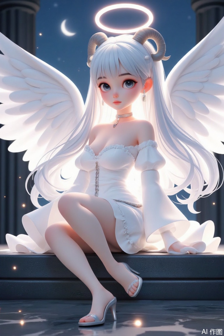 fantasy,[artis:sy4],[artist:fuzichoco],artist:you_shimizu:0.75,artist:nibiiro_shizuka:0.6,artist:ciloranko,artist:chen bin,[artist:ningen_mame],artist:ciloranko,[artist:sho_(sho_lwlw)],colorful,,night,high quality, detailed texture, in the best style of tantalizing, lustful anticipation art.depth of field, light particles, lens flare, (artist:quasarcake:0.8),extreme aesthetic,(wlop:0.6), wanke,rella,wanke,masterpiece,best quality,good quality,very aesthetic,absurdres,Visual impact,Electromotive force, perspective composition, A shot with tension, ultra-high resolution,32K UHD,sharp focus,best quality,masterpiece,Emotionalization masterpiece, unconventional supreme,masterful details,with a high end texture,in the style of fashion photography, (Visual impact:1.2),giving the poster a dynamic and visually striking appearance,impactful picture,offcial art,colorful ,splash of color, movie perspective, masterpiece,best quality,amazing quality,very aesthetic, absurdres,best quality,newest,high_heels,skinny,,wings,1girl,feathered wings,long hair,sitting,white hair,dress,white wings,angel wings,bangs,choker,grey eyes,feathers,collarbone,angel,closed mouth,wide sleeves,frills,shirt,white dress,halo,Sheep horn,