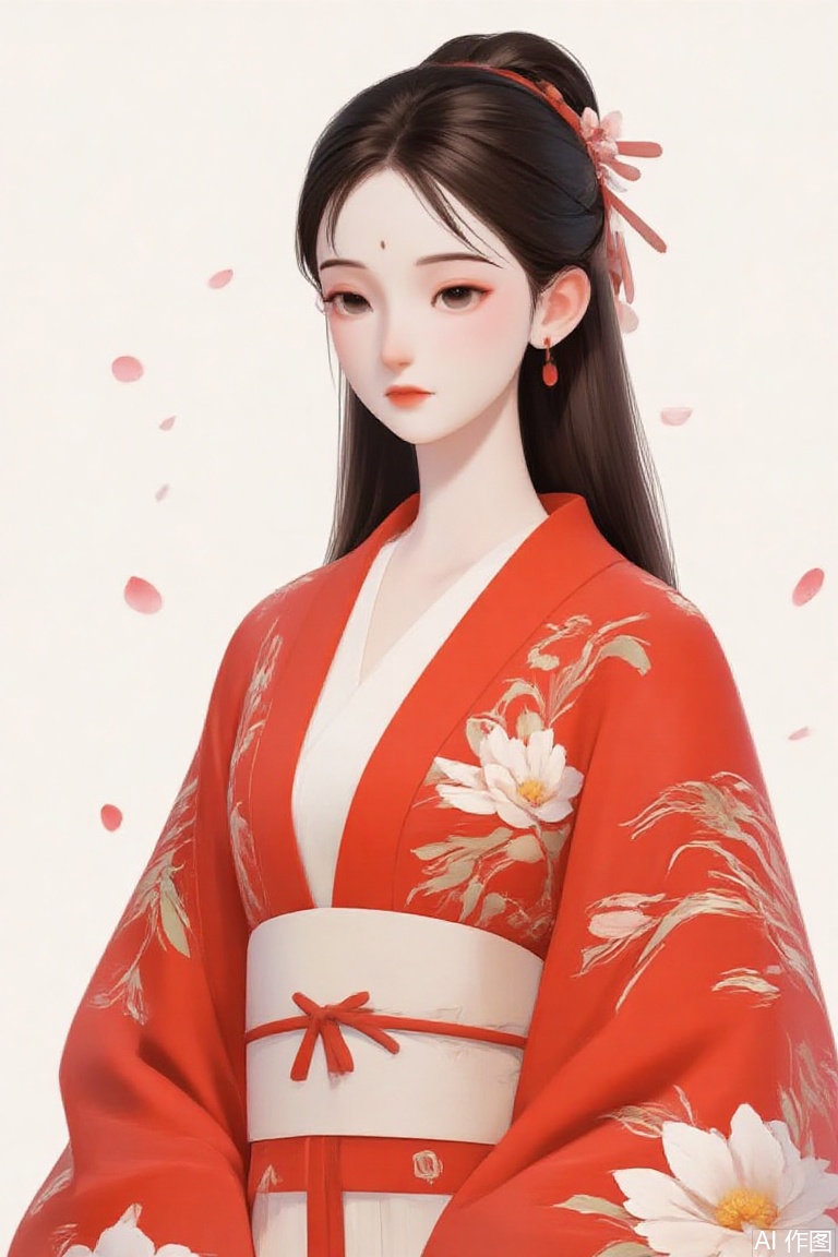 The image depicts a serene and elegant figure in traditional Japanese attire. The person is wearing a vibrant red kimono adorned with intricate floral patterns

including large white and yellow flowers. The kimono is complemented by a white obi sash tied around the waist. The individual has long

dark hair that flows down their back

and a delicate floral accessory is placed in their hair. The background is minimalistic

with scattered pink petals

enhancing the overall tranquil and traditional aesthetic of the scene.